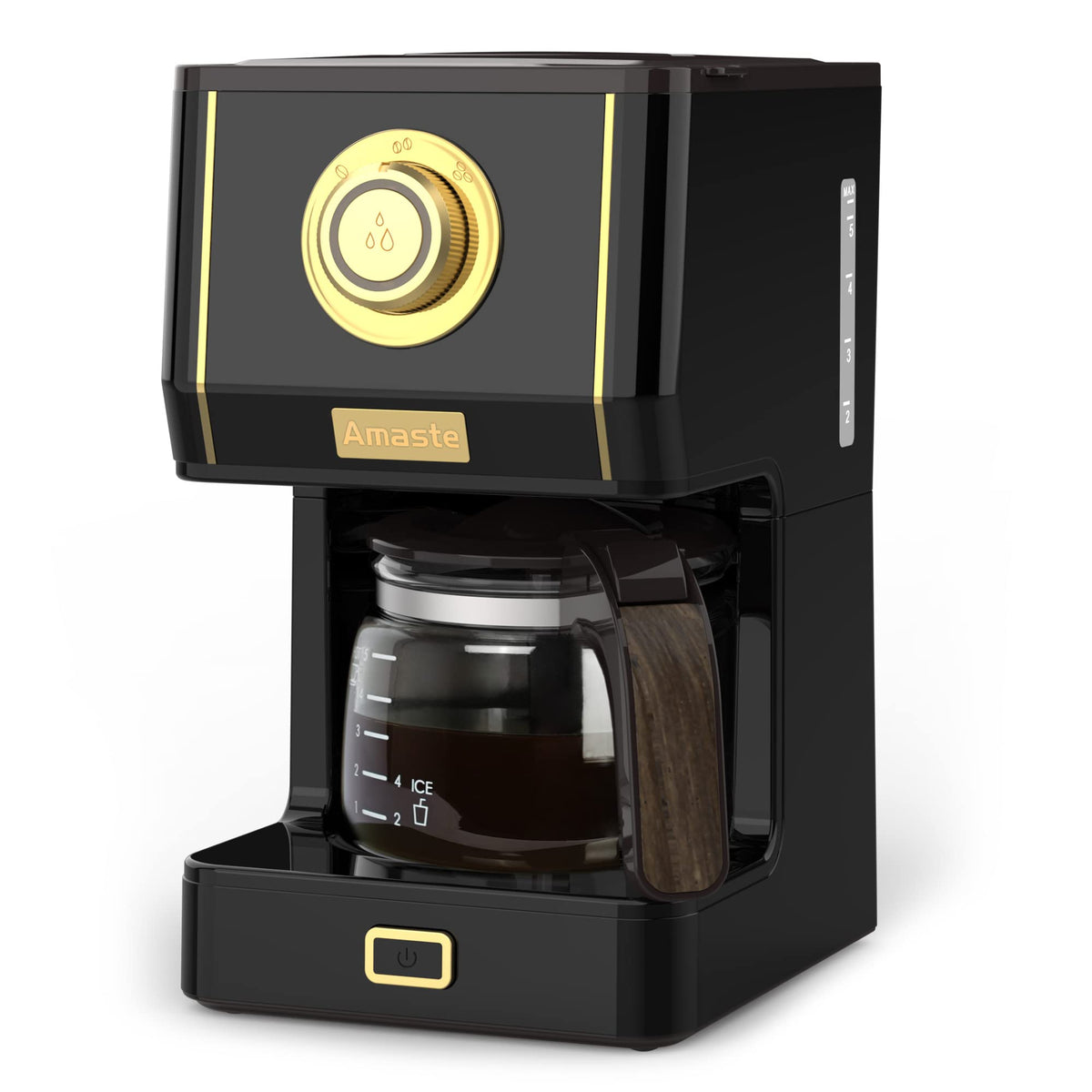 Cafetera Amaste retro con jarra de cristal, vertido limpio y elegante.
