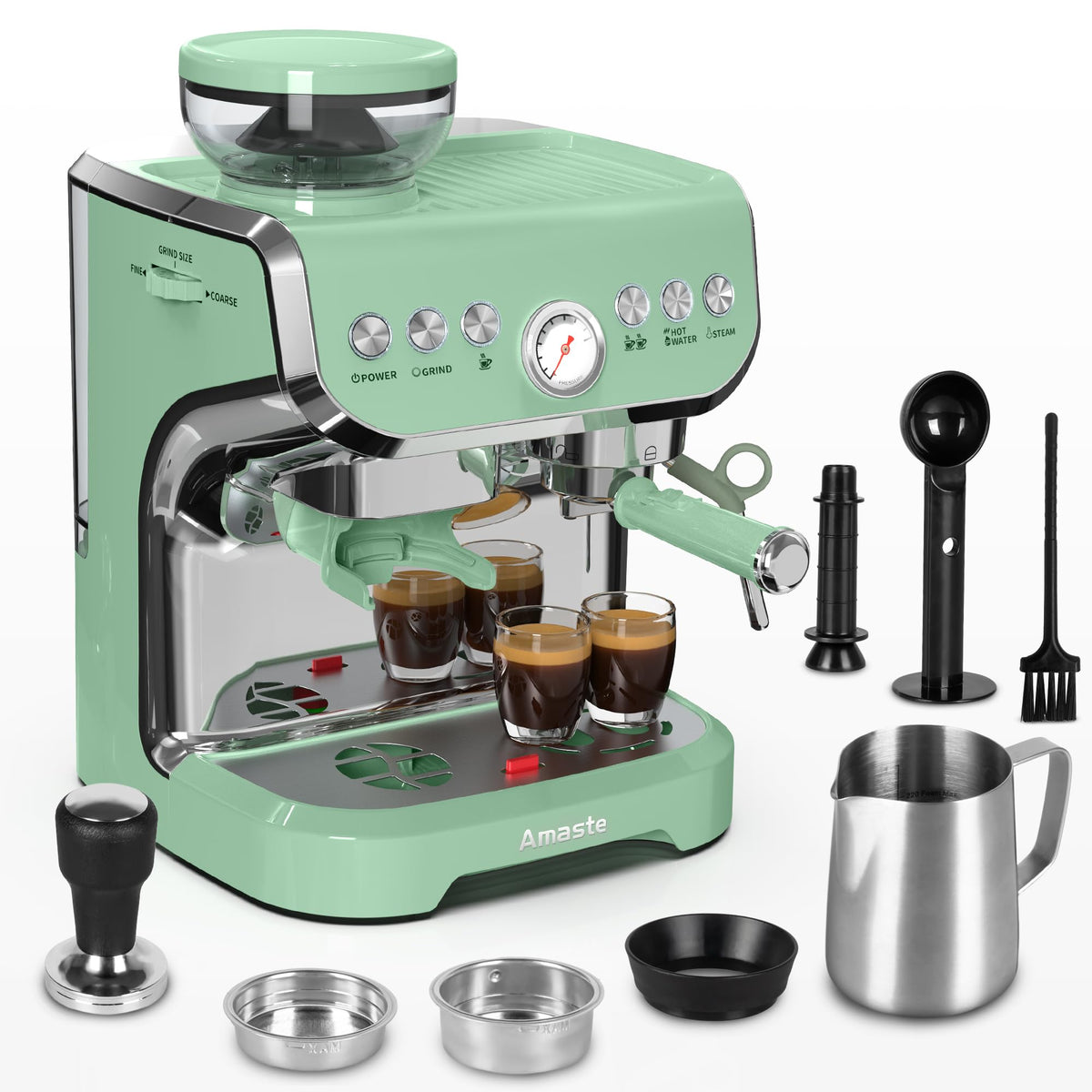 La máquina Amaste espresso con molinillo y acabado verde matcha en acción, ideal para ritual diario.