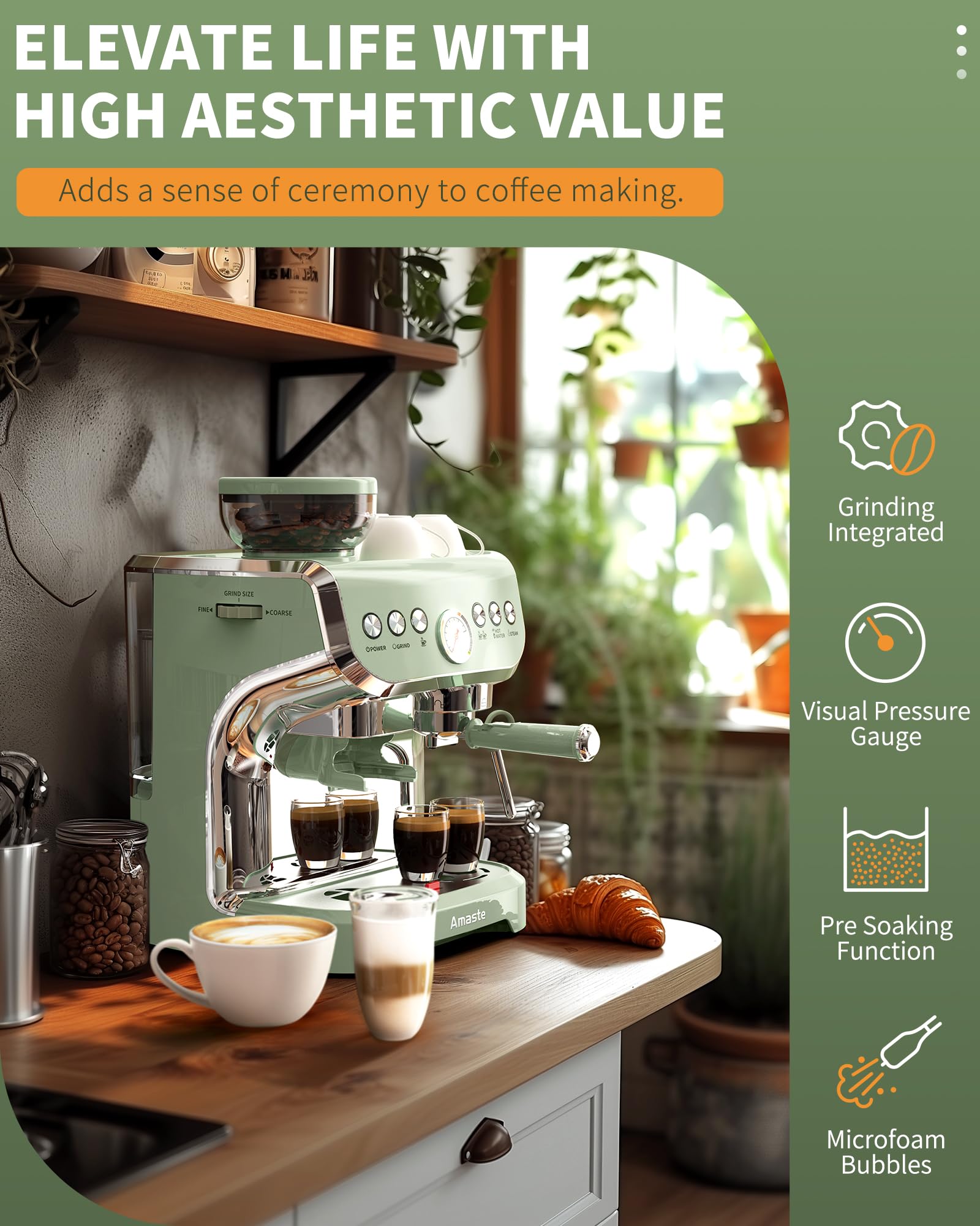 La Amaste con molinillo cónico genera café recién molido para taza aromática.