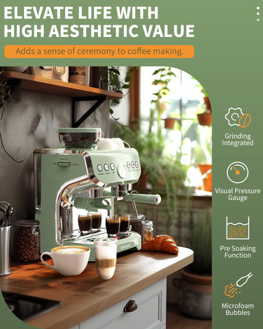 La Amaste con molinillo cónico genera café recién molido para taza aromática.