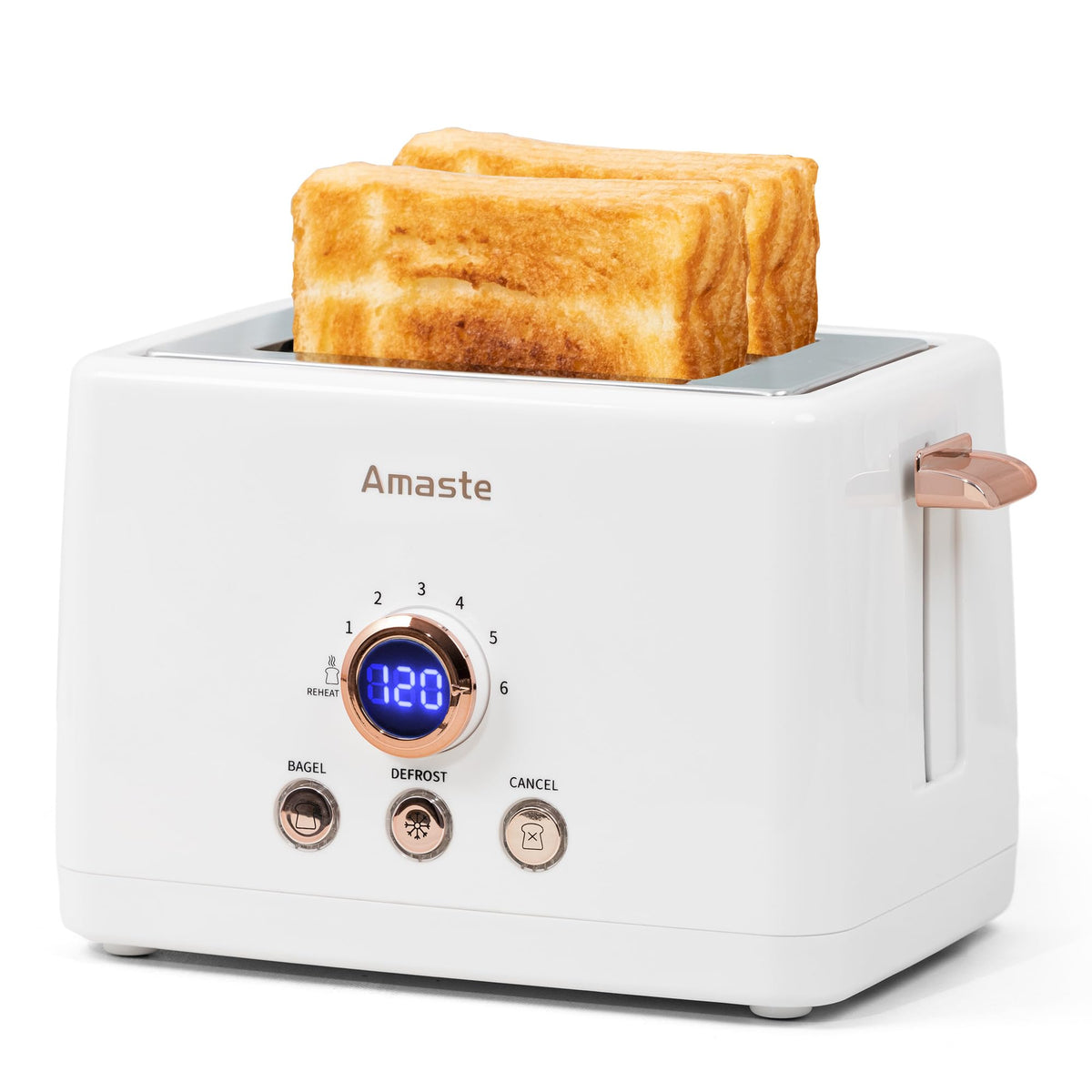 Tostadora Amaste 2 rebanadas, frente elegante para desayunos rápidos