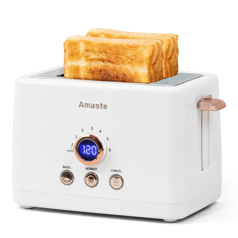 Tostadora Amaste 2 rebanadas, frente elegante para desayunos rápidos