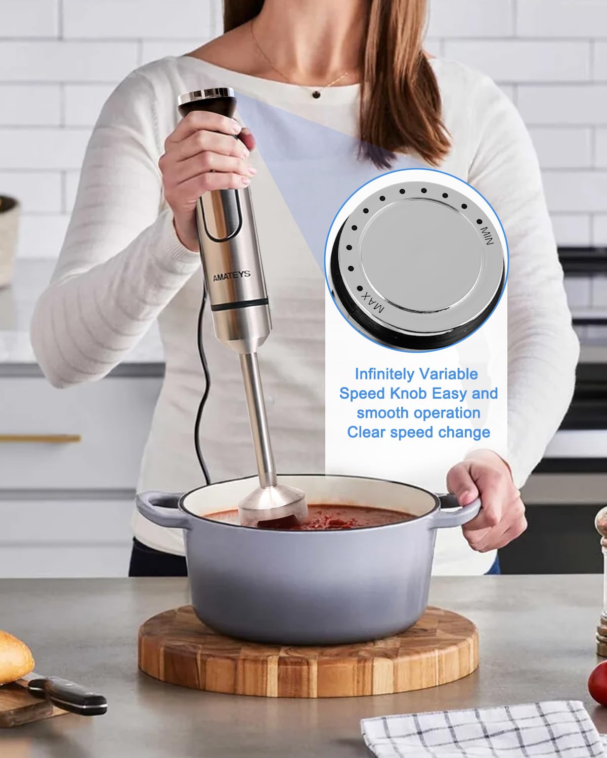Amateys batidora con diseño ergonómico para agarre cómodo.
