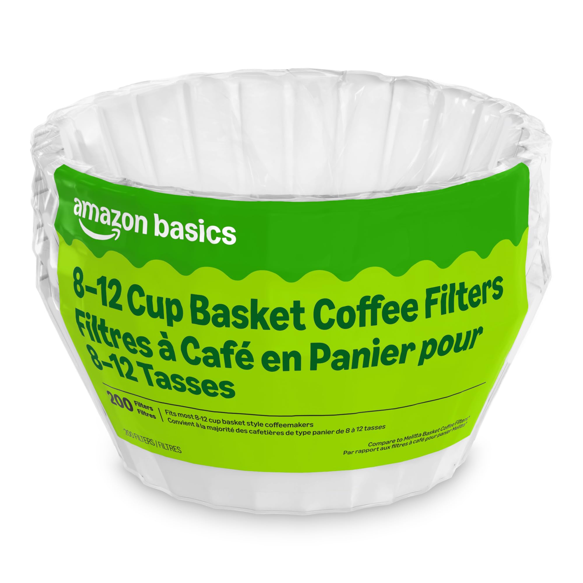 Amazon Basics filtro de cesta frontal mostrando forma y color blanco, facilita filtrado limpio