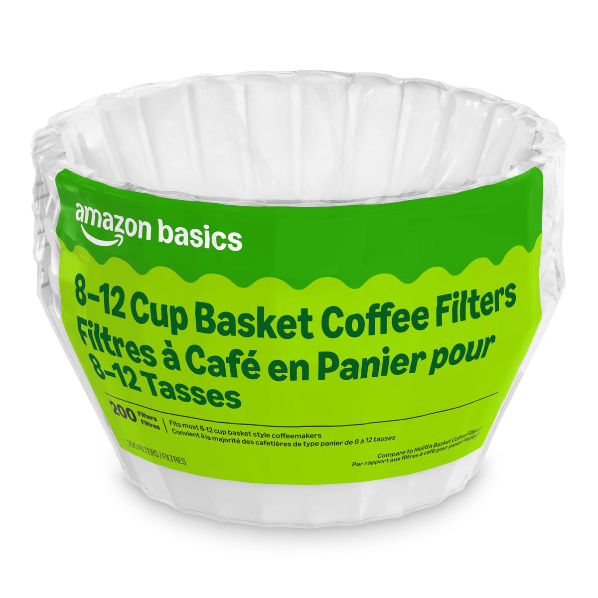 Amazon Basics filtro de cesta frontal mostrando forma y color blanco, facilita filtrado limpio