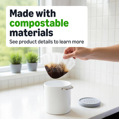 Amazon Basics comparación de tamaño del filtro con una taza para mostrar compatibilidad 8–12 tazas