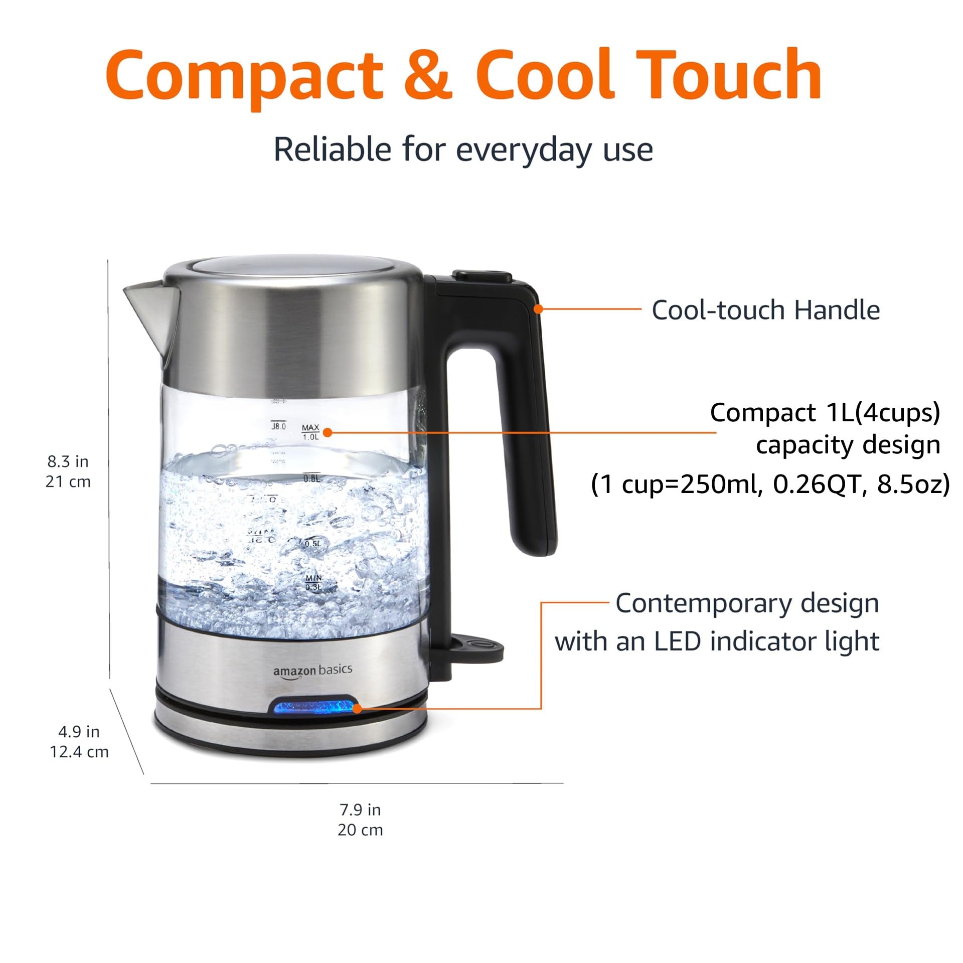 Amazon Basics detalle del vidrio templado y base de acero, beneficio: material resistente y fácil de limpiar