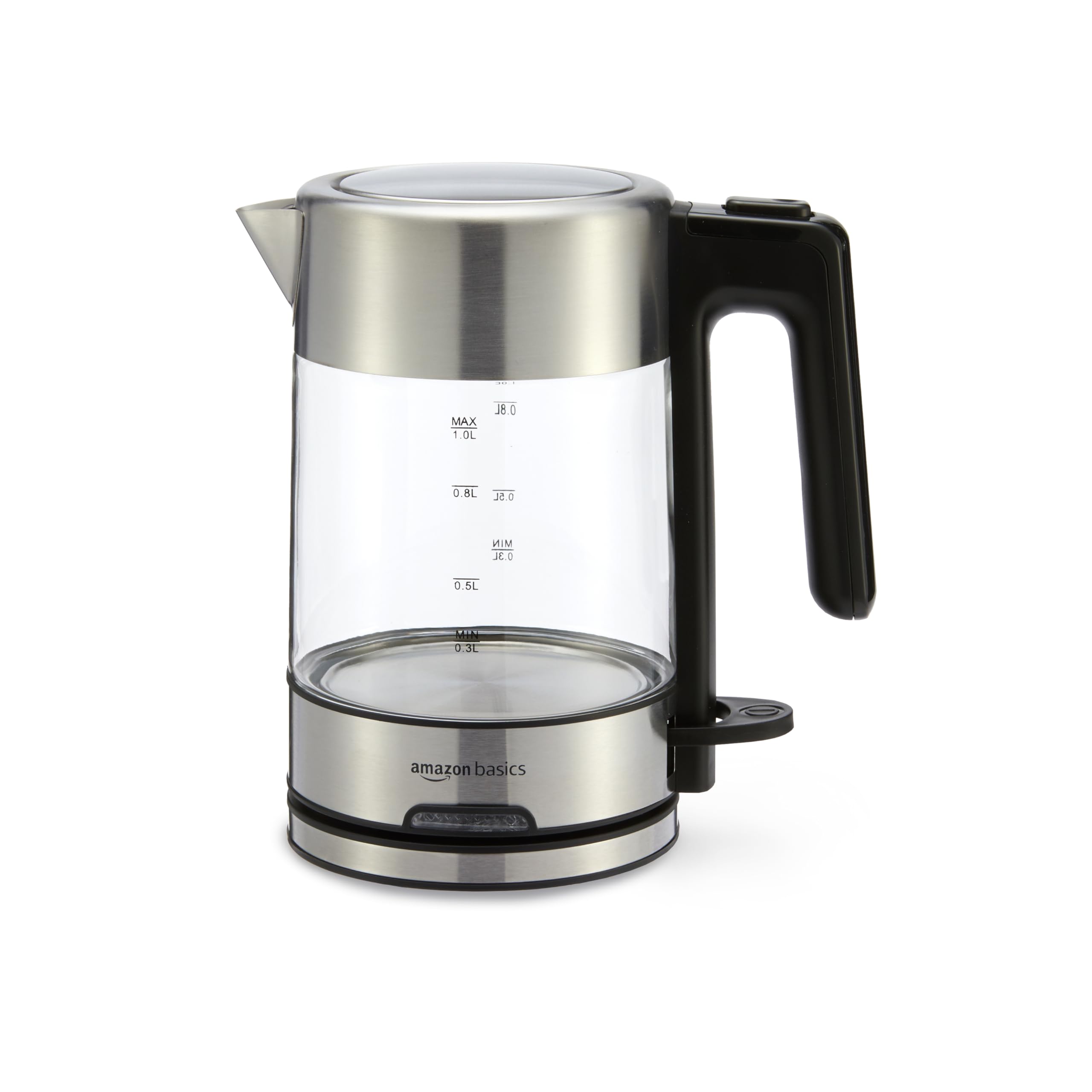 Amazon Basics hervidor frontal mostrando cuerpo de vidrio y tapa metálica, beneficio: aspecto elegante y claro