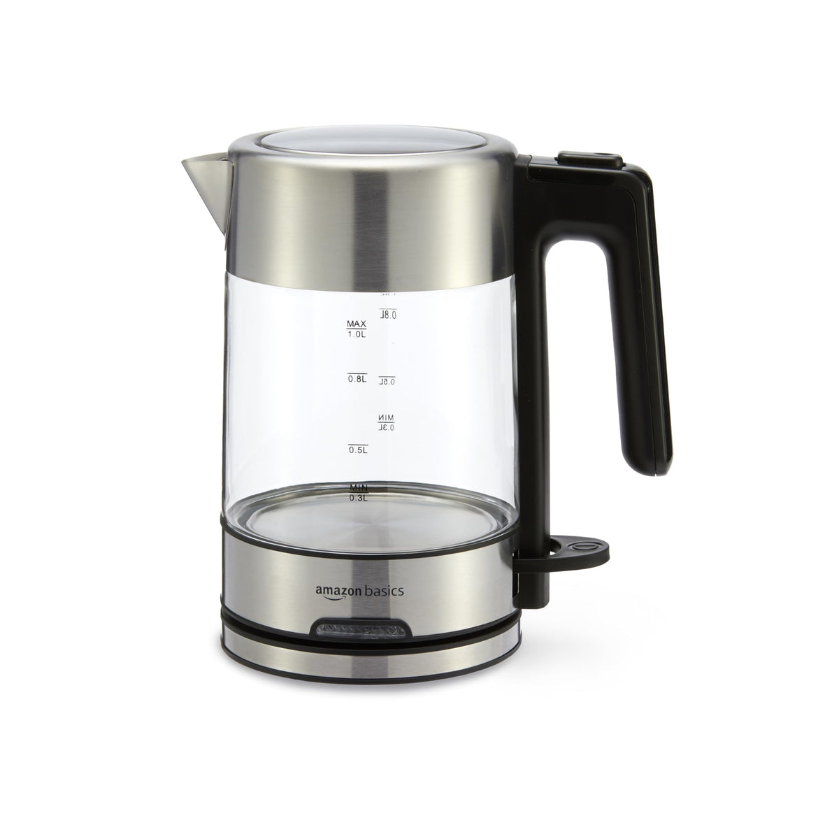 Amazon Basics hervidor frontal mostrando cuerpo de vidrio y tapa metálica, beneficio: aspecto elegante y claro