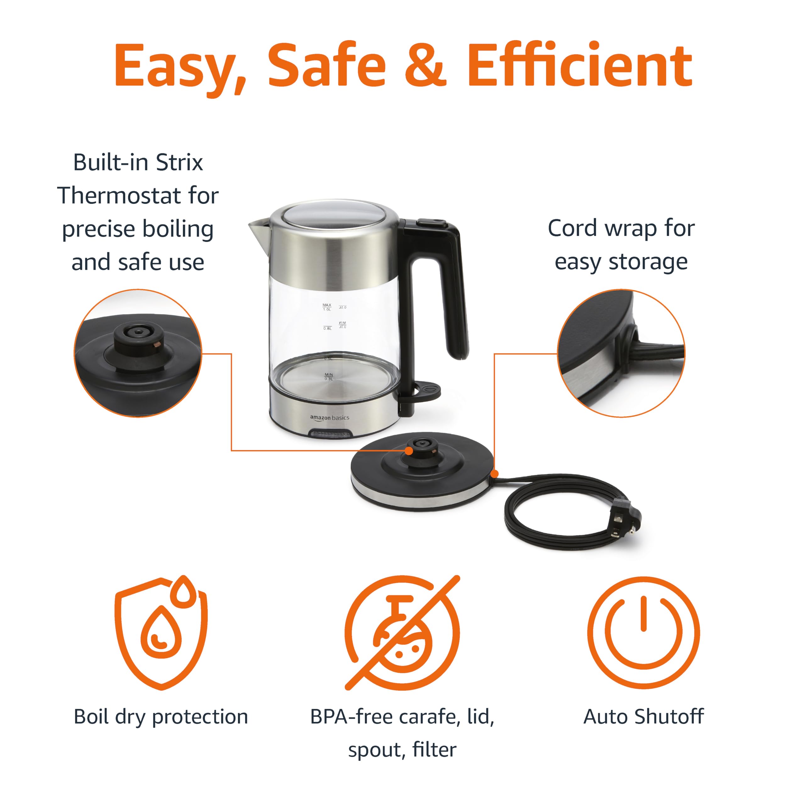 Amazon Basics hervidor vertiendo agua en una taza, beneficio: vertido preciso sin salpicaduras