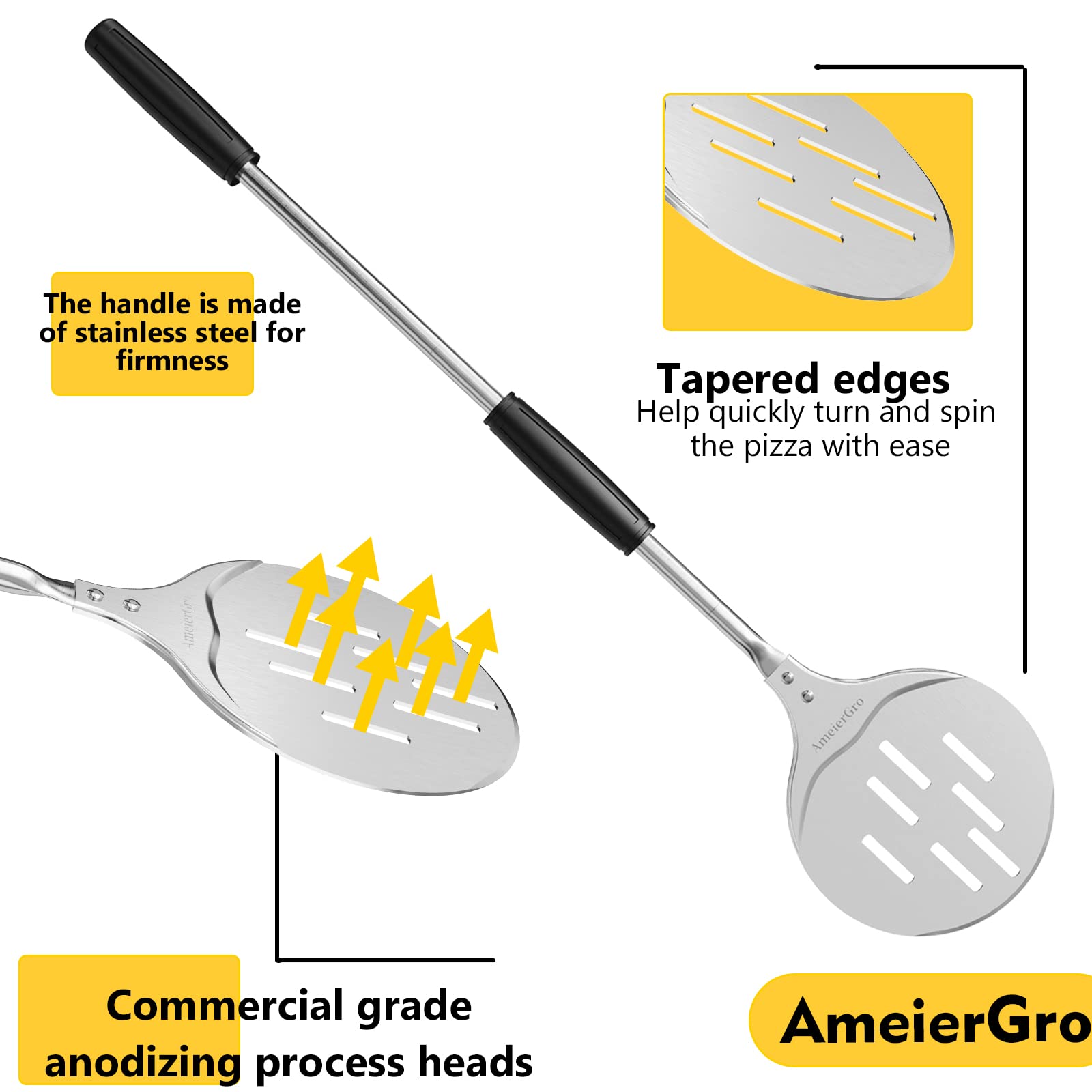 AmeierGro pala pizza con mango ajustable ofrece alcance seguro para diferentes hornos.