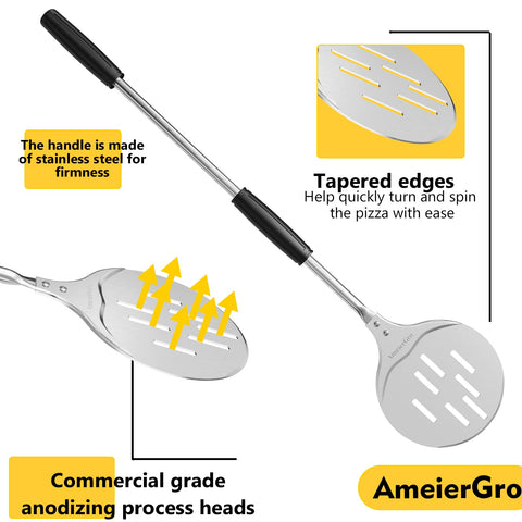 AmeierGro pala pizza con mango ajustable ofrece alcance seguro para diferentes hornos.