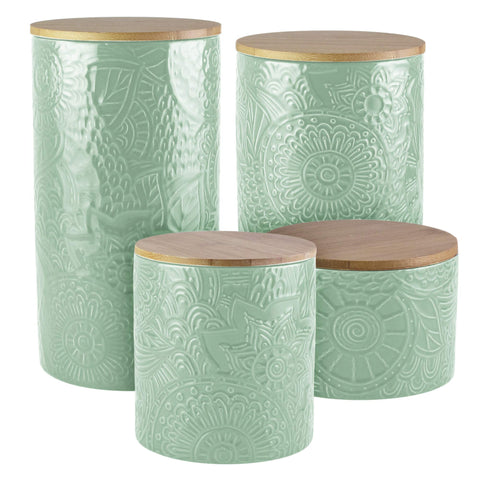Conjunto de contenedores cerámicos American Atelier de 4 piezas con tapas de madera.