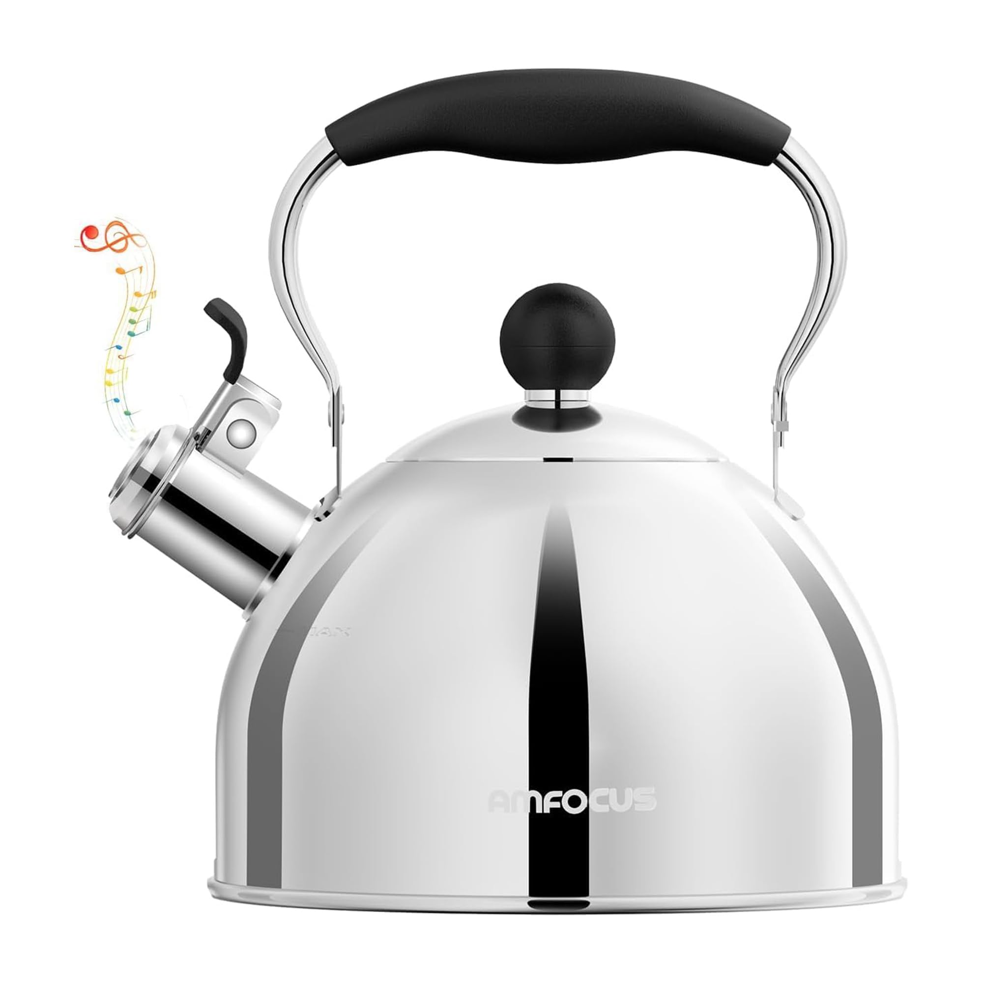 AMFOCUS hervidor de acero inoxidable con silbato, vista lateral para hervir agua rápido.