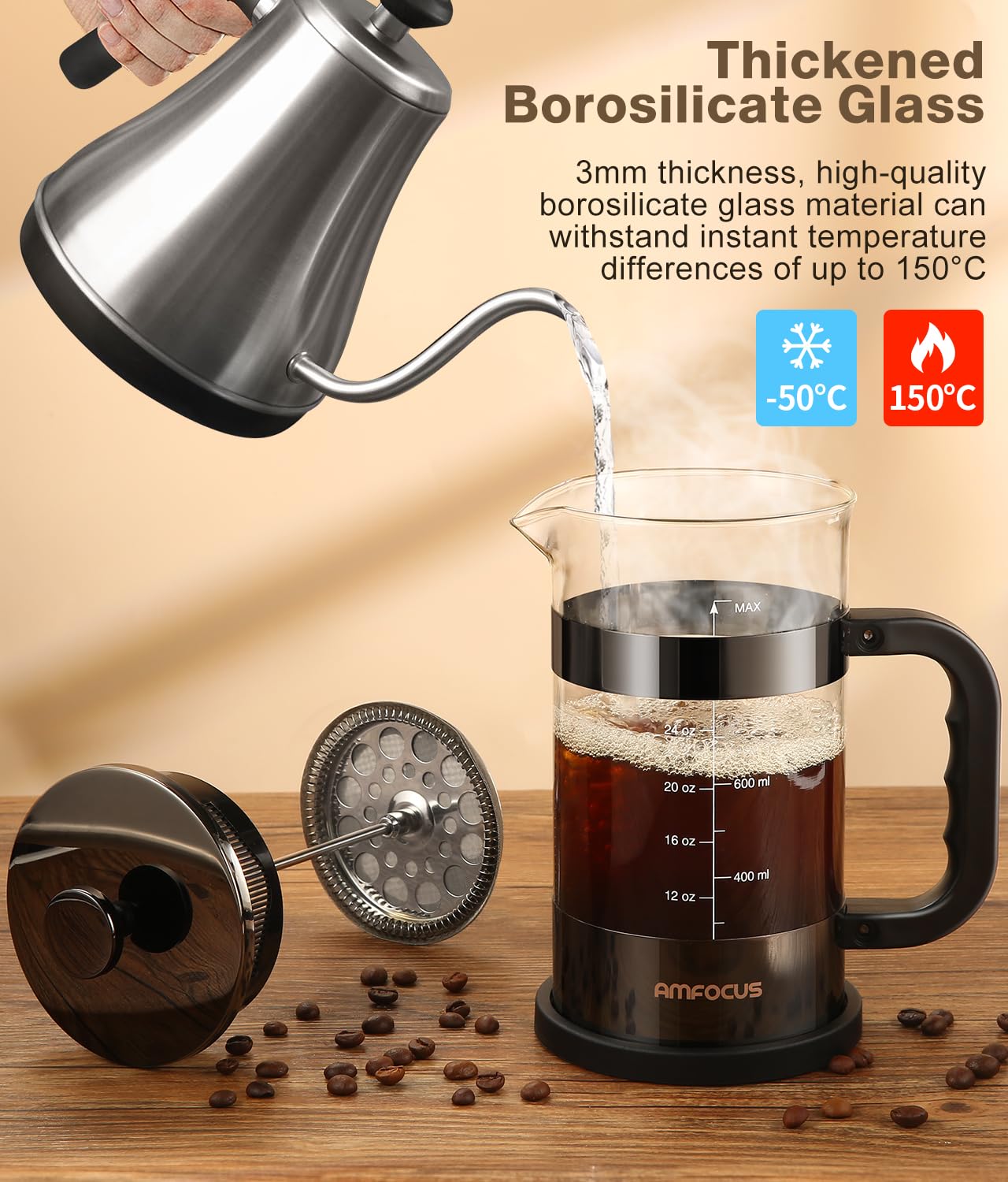 AMFOCUS Prensa Francesa 34oz, 4 filtros desmontables para filtración precisa