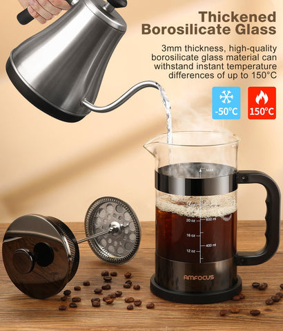AMFOCUS Prensa Francesa 34oz, 4 filtros desmontables para filtración precisa
