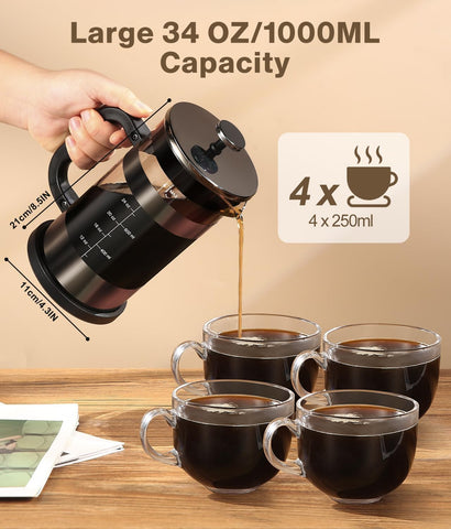 AMFOCUS Prensa Francesa 34oz, limpieza fácil por boca ancha y piezas desmontables