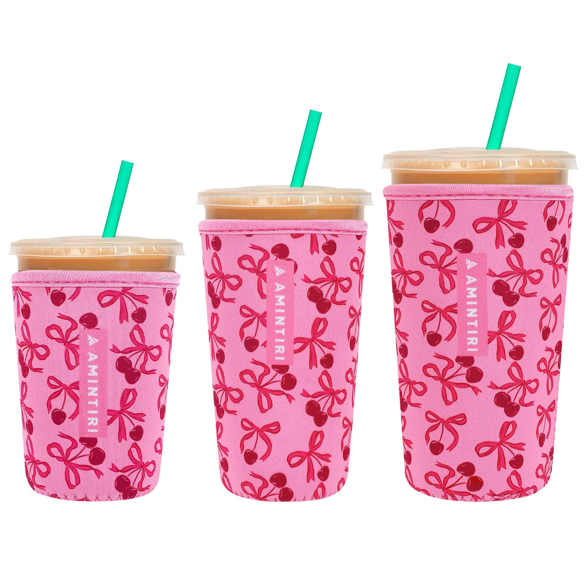 Funda Amintiri de neopreno para café helado con diseño cerezo-arco, mantiene fría la bebida.