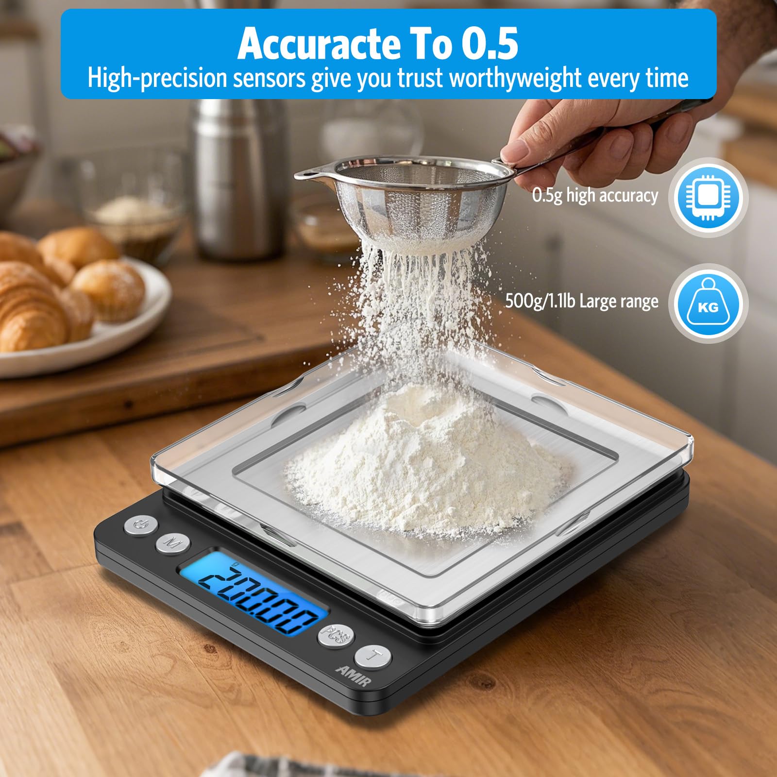 AMIR permite tare y peso neto para recetas o proyectos.