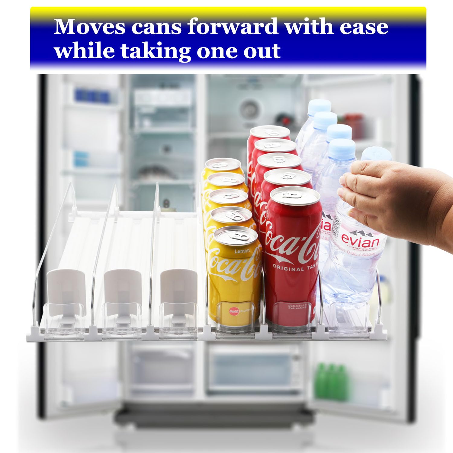 AMLLLC dispensador automático desliza las bebidas hacia adelante para acceso continuo.
