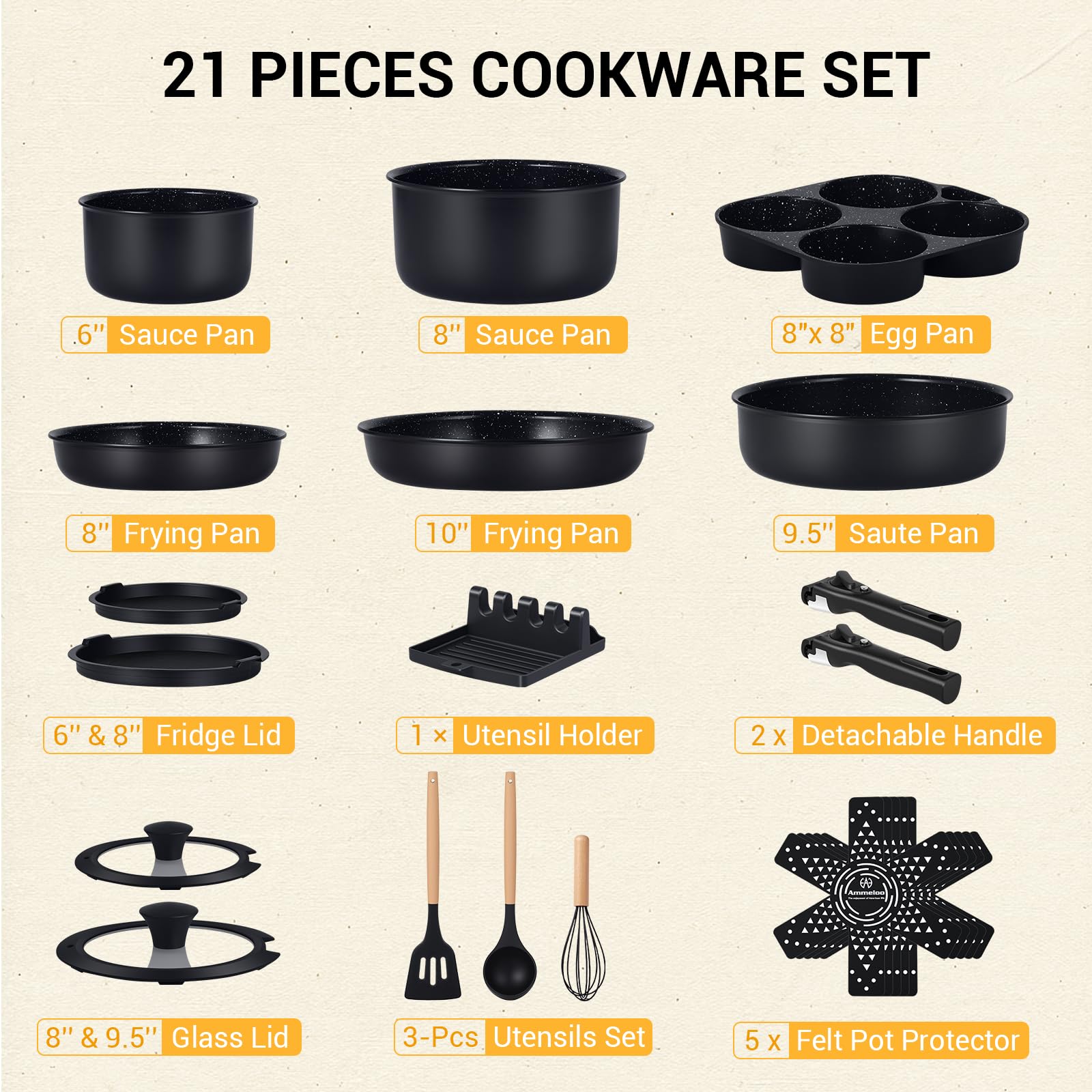 Ammeloo accesorios incluidos para un set completo de utensilios y soporte.
