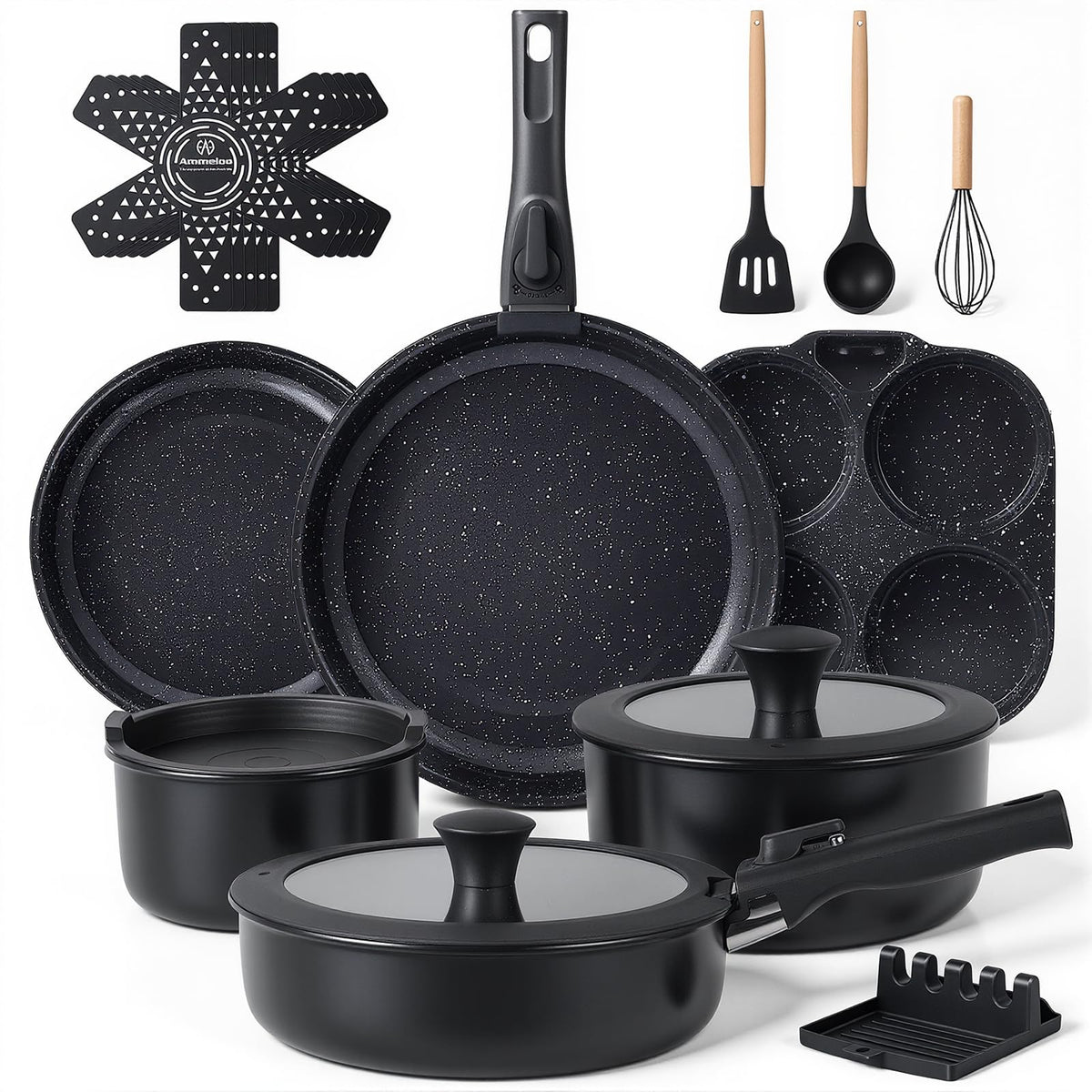 Ammeloo conjunto cerámico 21 piezas con mangos desmontables para mayor versatilidad.