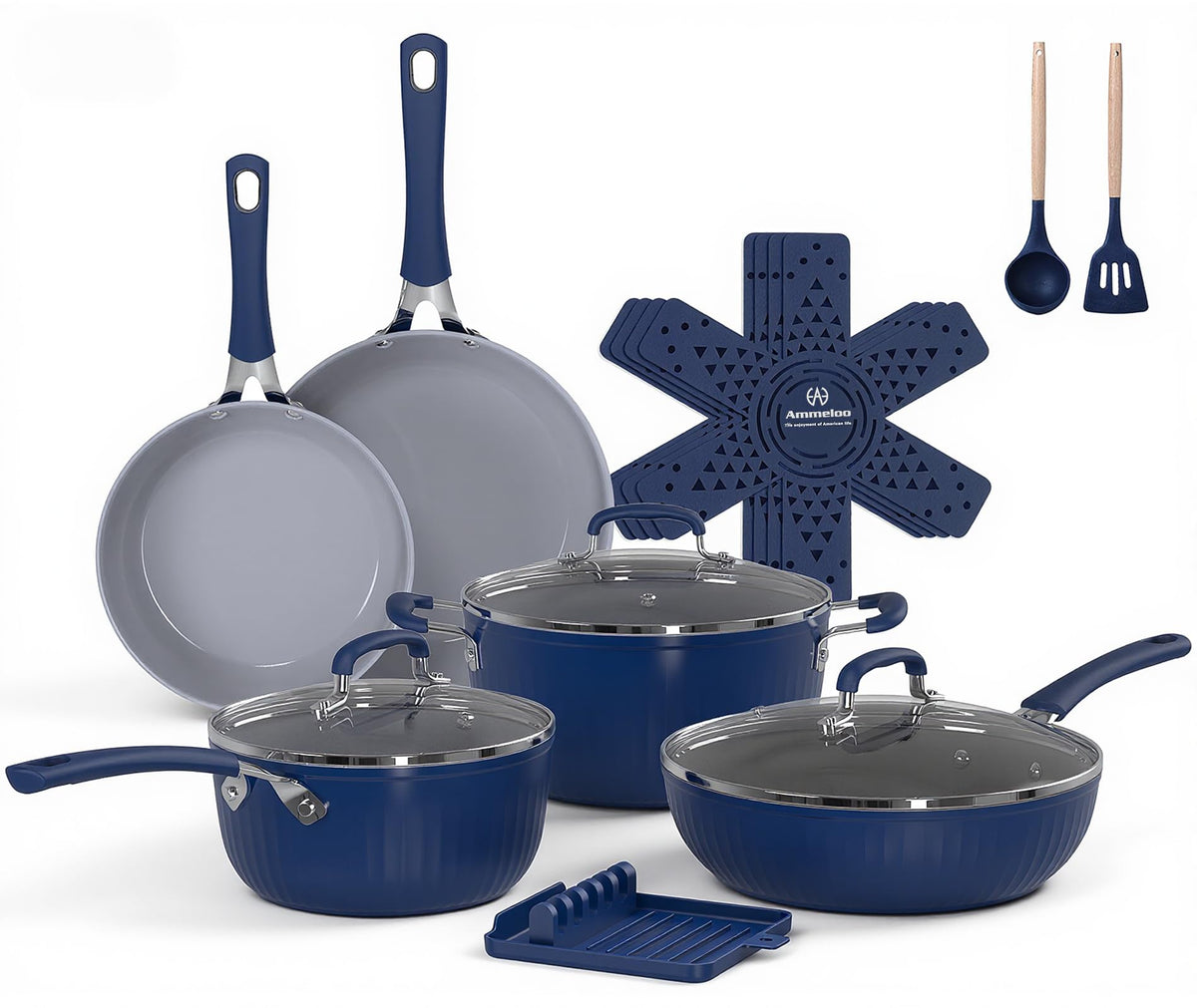 Ammeloo juego 15 piezas con cazuelas ceramicas acanaladas para cocción suave