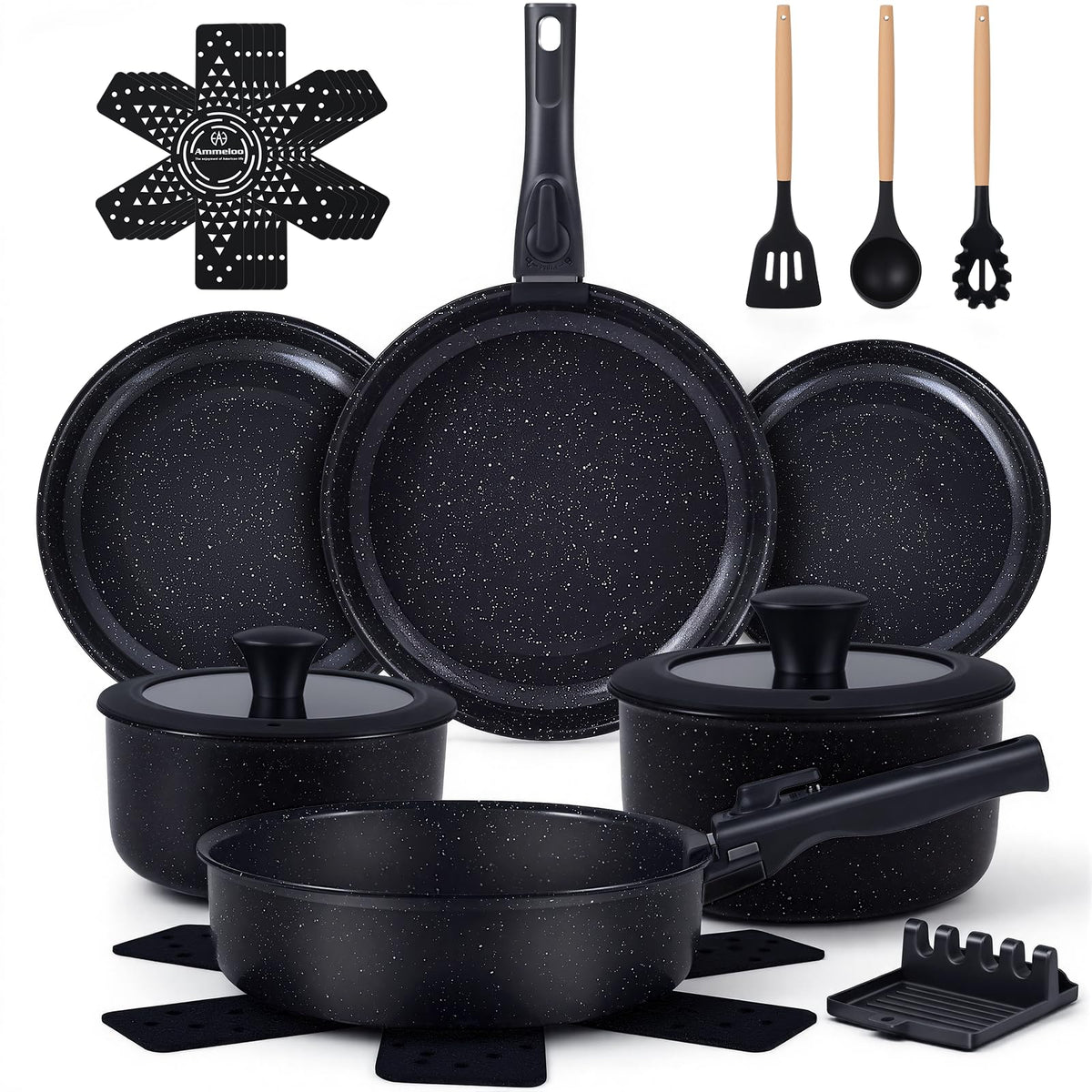 Ammeloo conjunto de 21 piezas, sartenes ceramico anticadherente para cocinar con poco aceite.