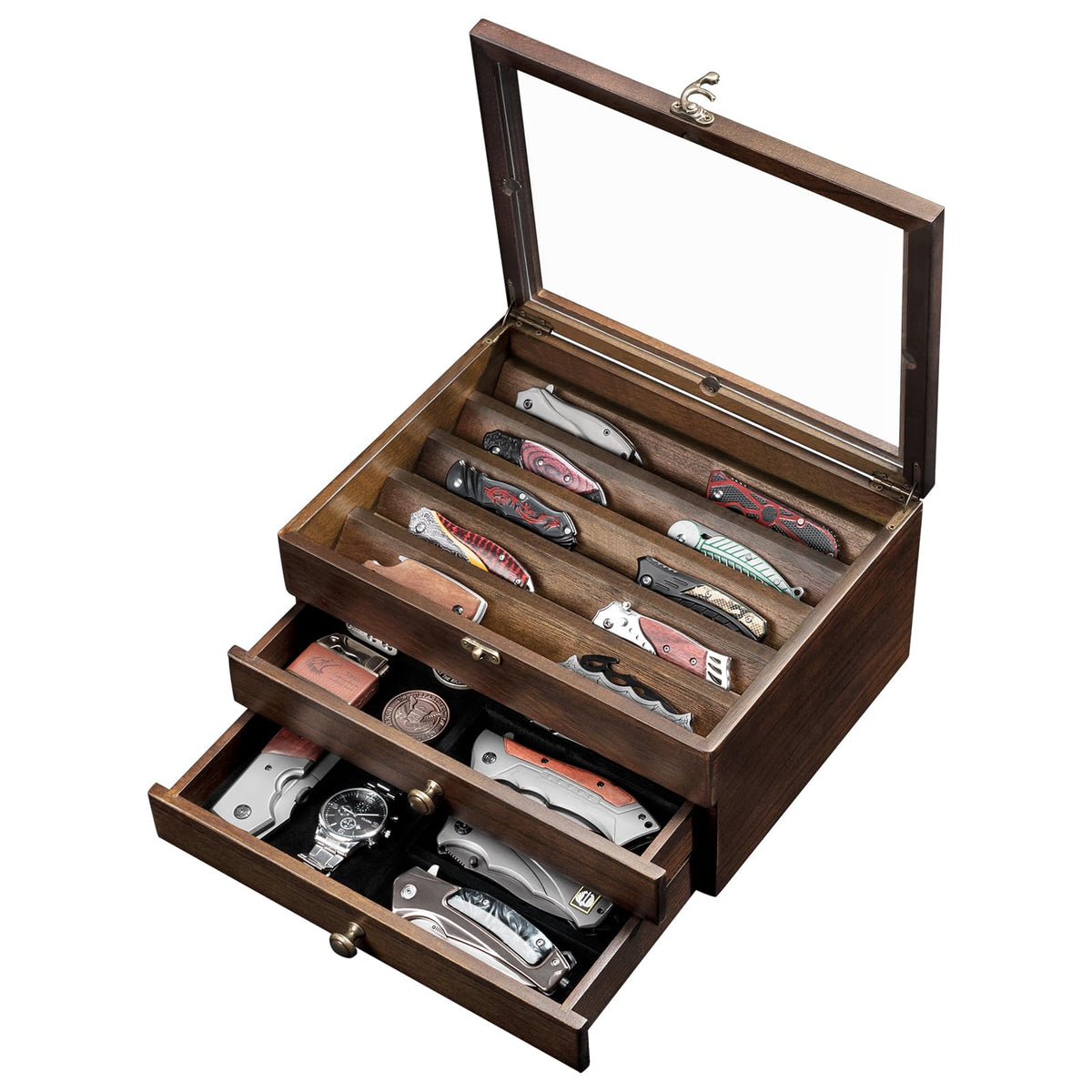 Caja amoard con tapa de cristal para exhibir cuchillos y protegerlos