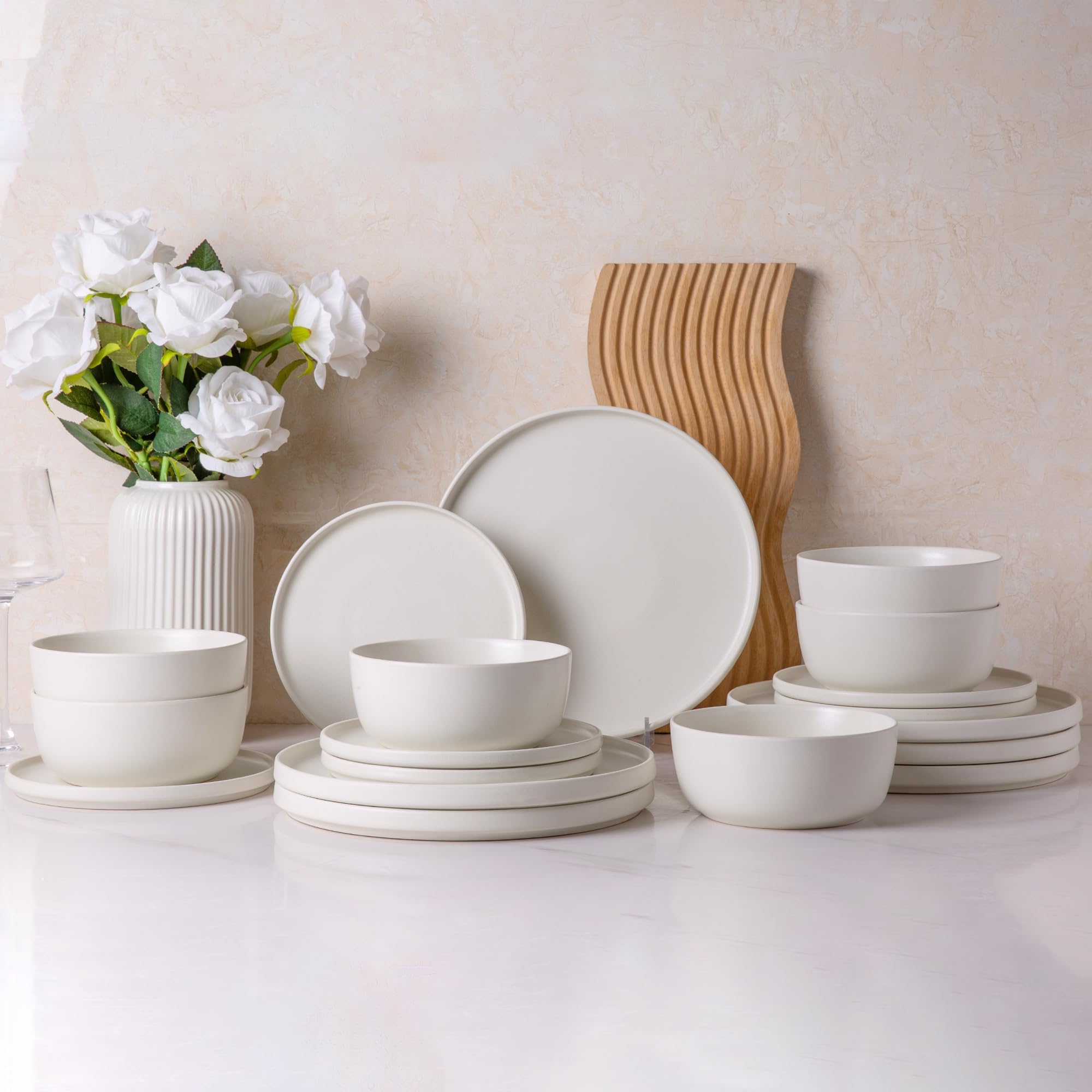 AmorArc gres, juego 18 piezas mate blanco para mesa diaria