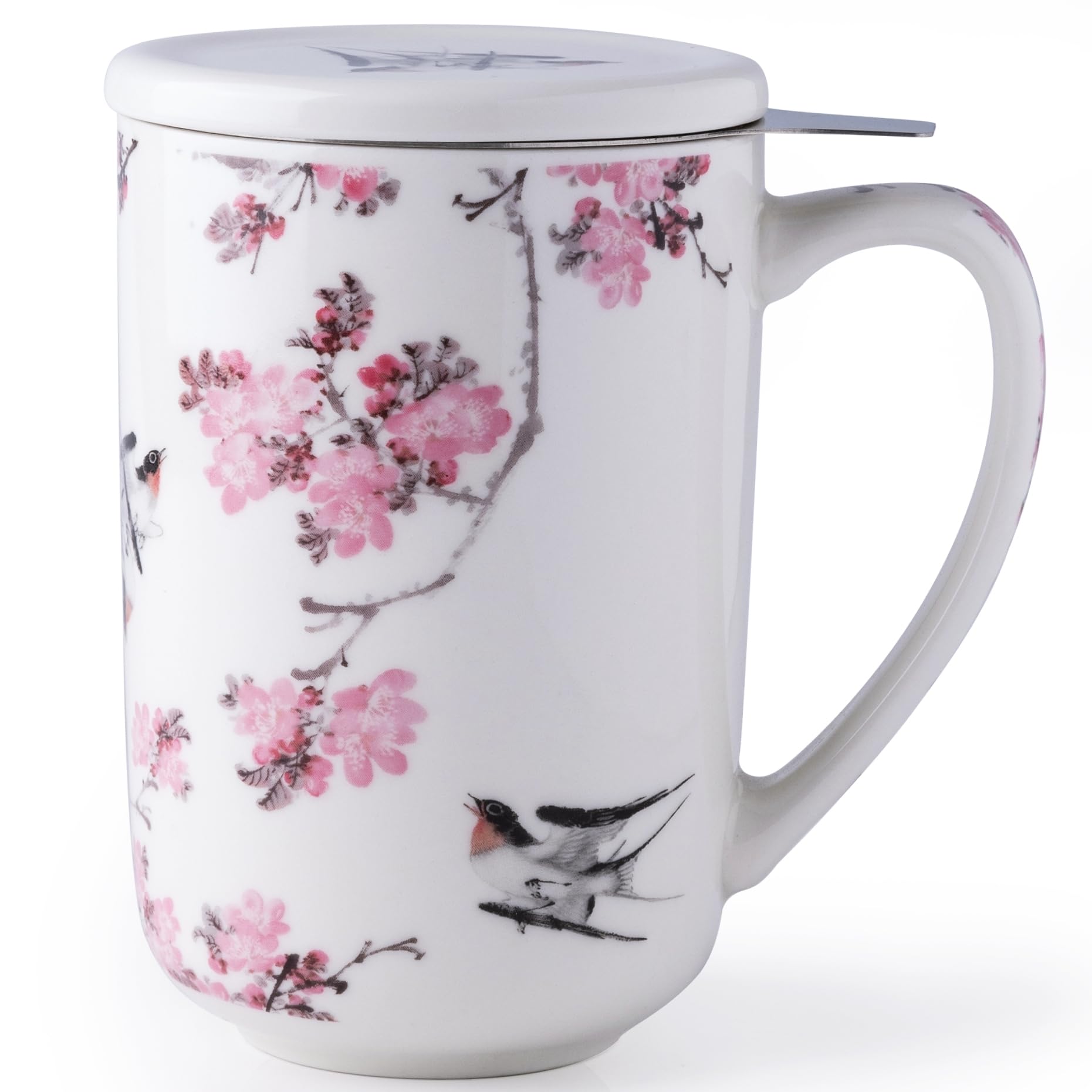 Taza AmorArc de cerámica con infusor para té de hojas sueltas.