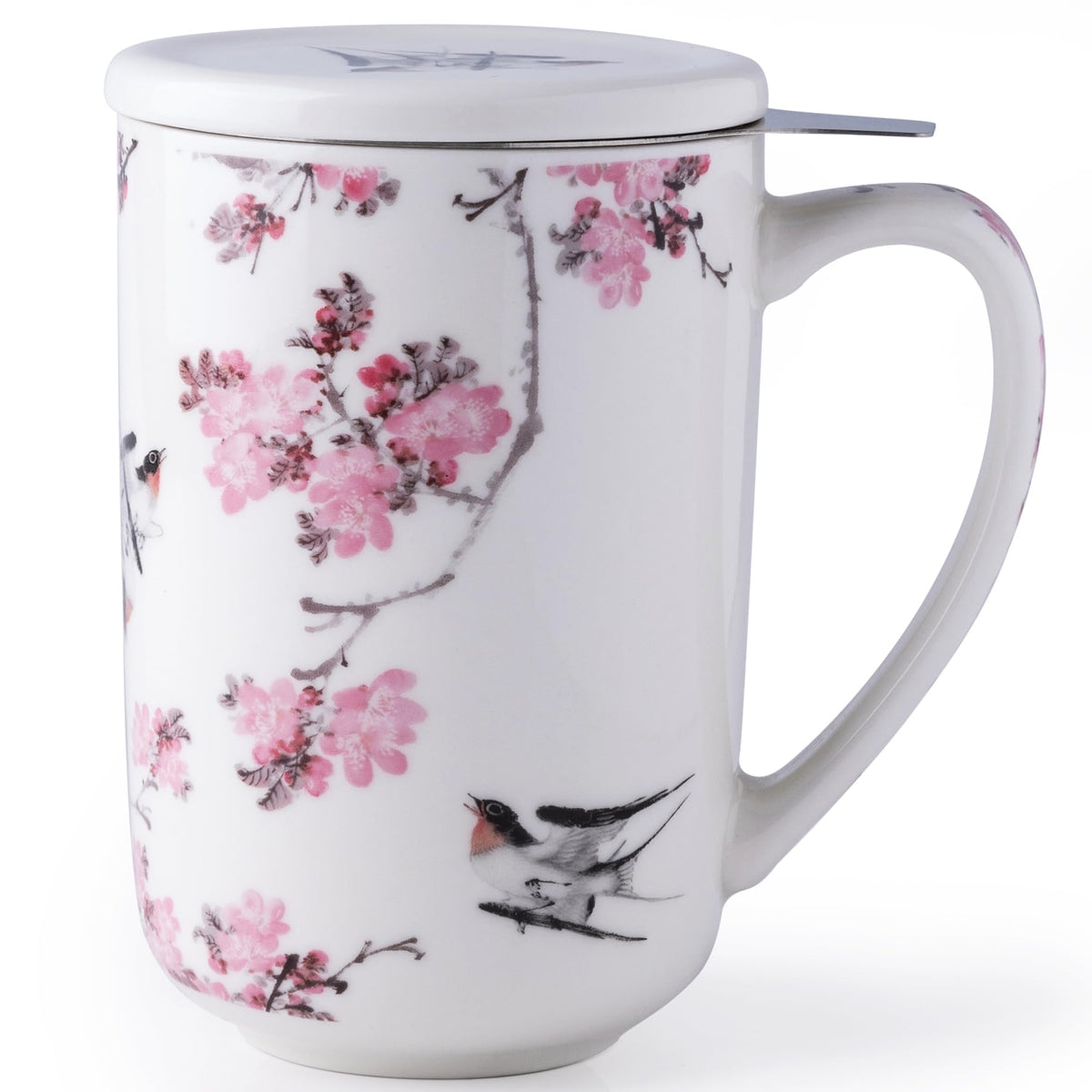Taza AmorArc de cerámica con infusor para té de hojas sueltas.