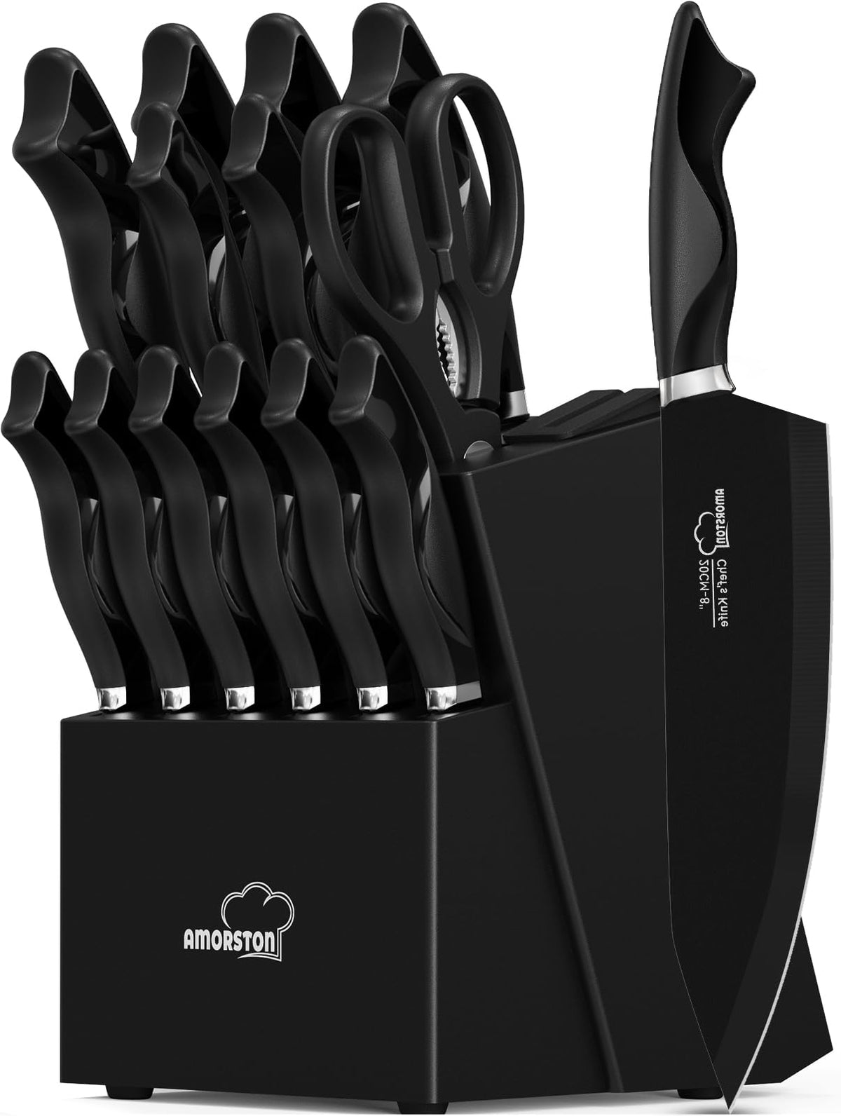 Conjunto Amorston 15 piezas con afilador integrado para cocina organizada y segura.