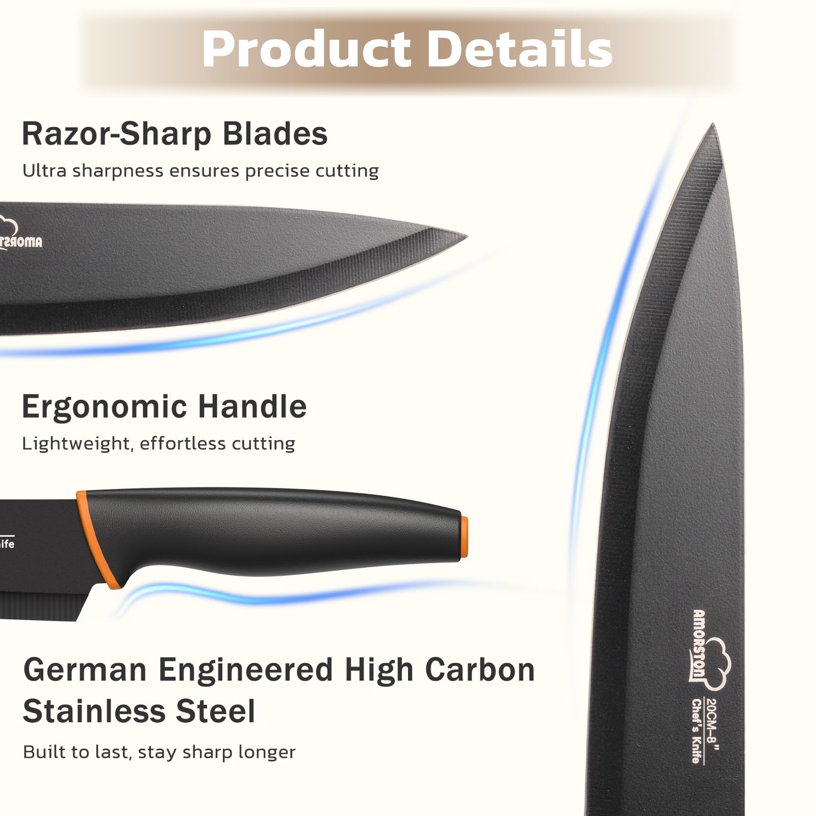 Amorston cuchillo chef 8 pulgadas, agarre cómodo para cortes precisos