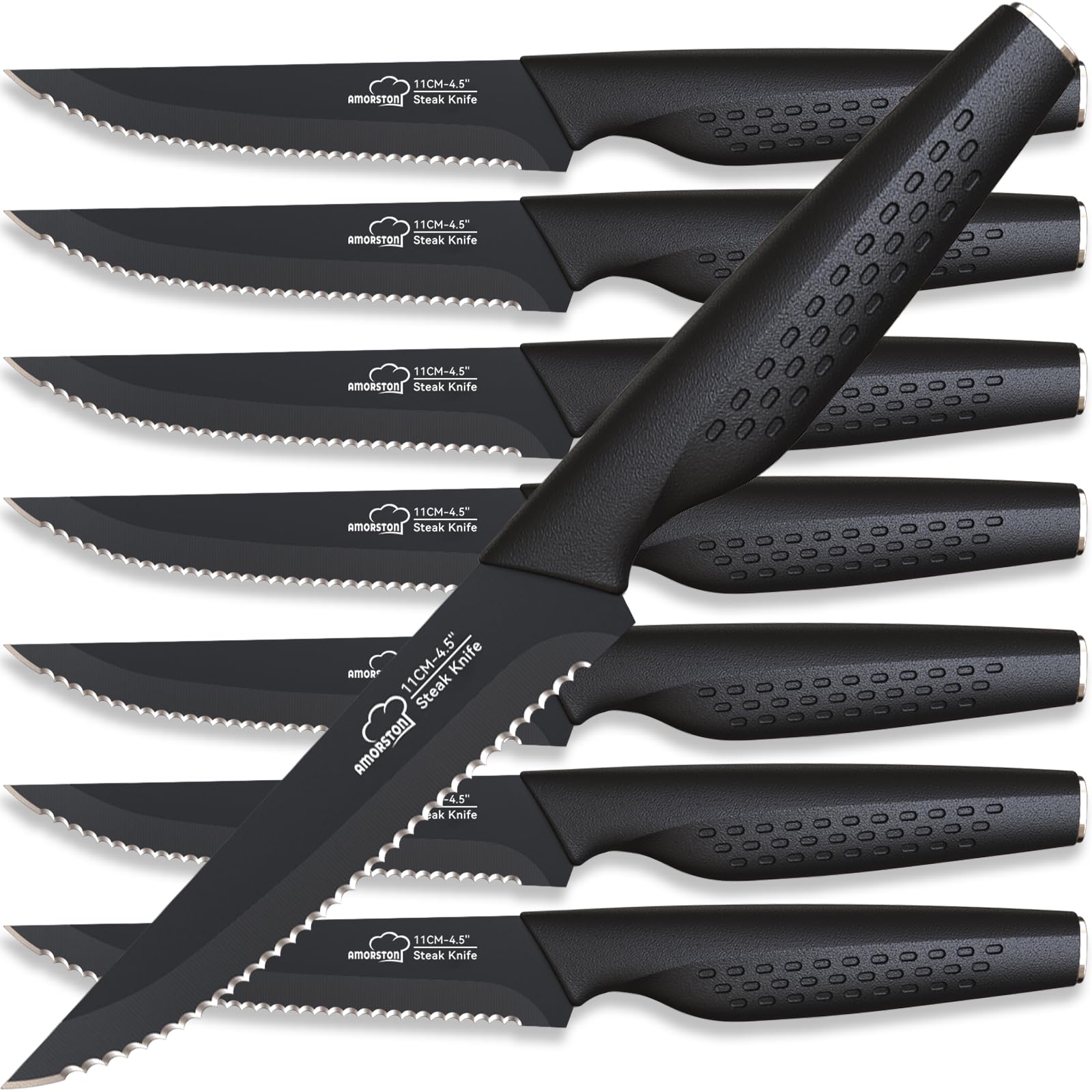 Cuchillos Amorston, filo serrado para bistec, ideal para carnes jugosas