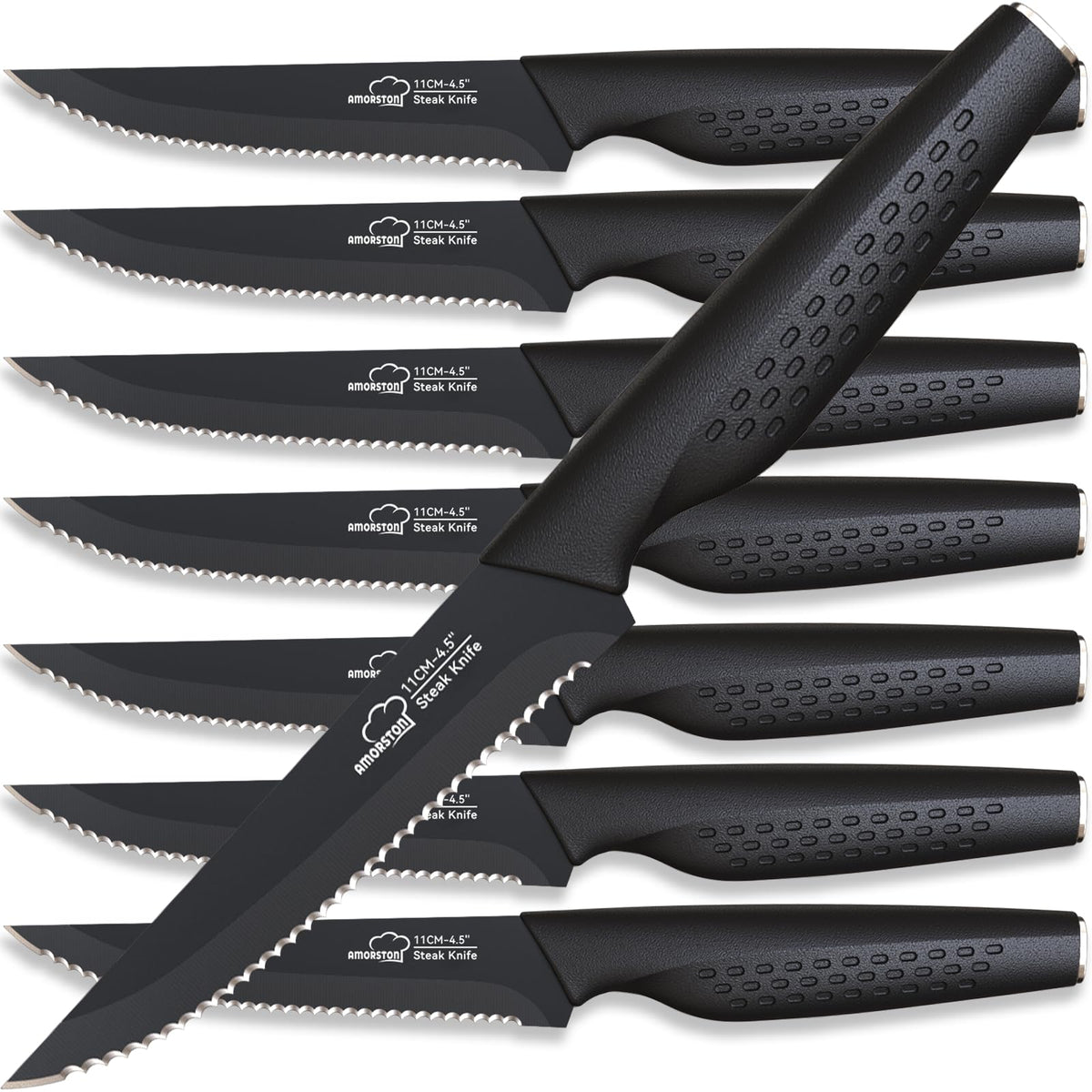 Cuchillos Amorston, filo serrado para bistec, ideal para carnes jugosas