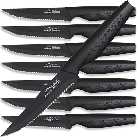 Cuchillos Amorston, filo serrado para bistec, ideal para carnes jugosas