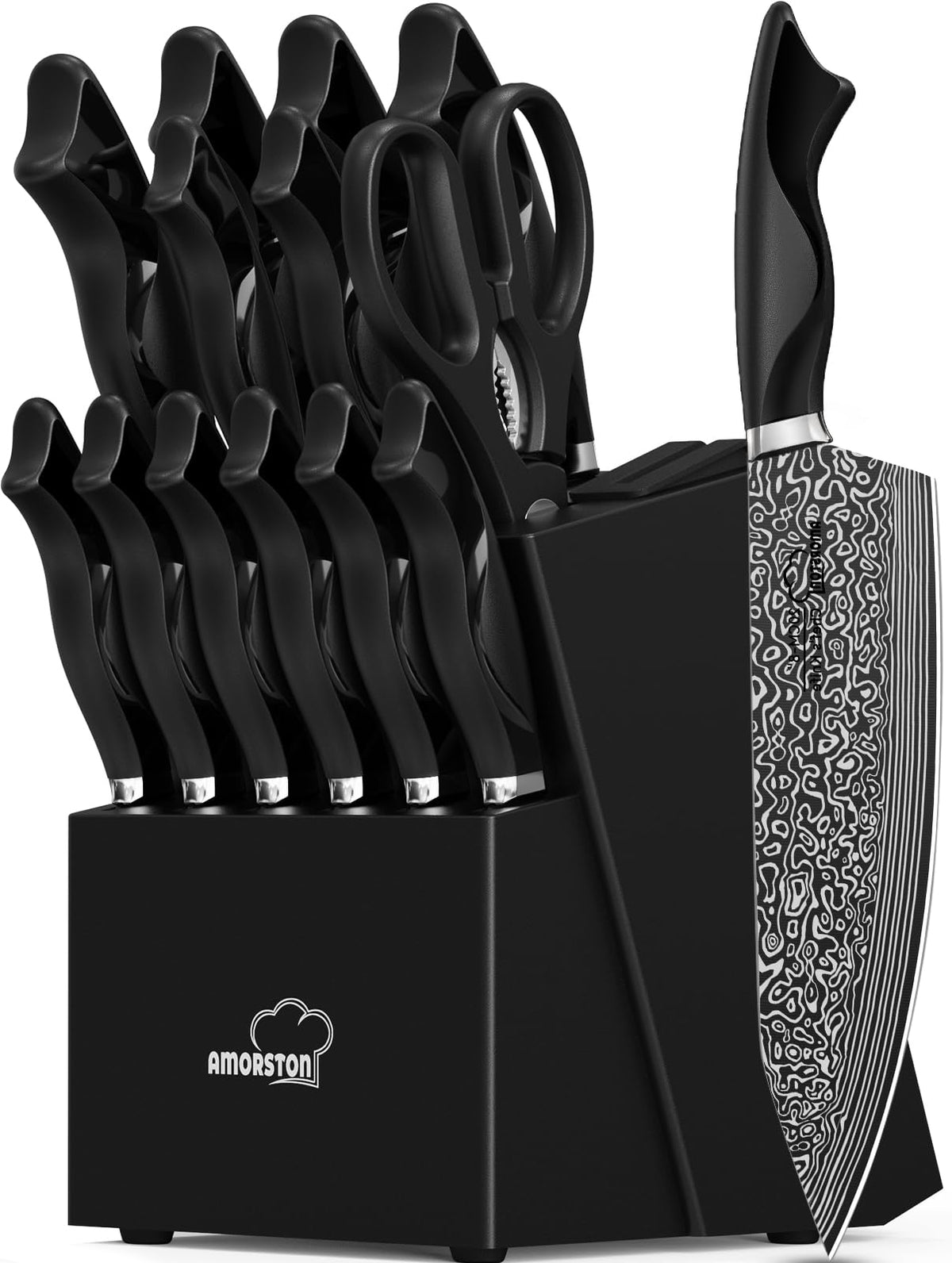 Cuchillos Amorston 15 piezas con afilador integrado en el bloque para cocina organizada