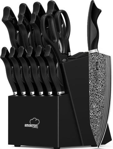 Cuchillos Amorston 15 piezas con afilador integrado en el bloque para cocina organizada