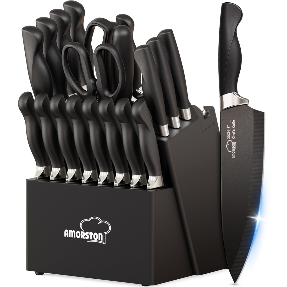 Conjunto Amorston 21 piezas en bloque con afilador para cocina organizada y fácil acceso