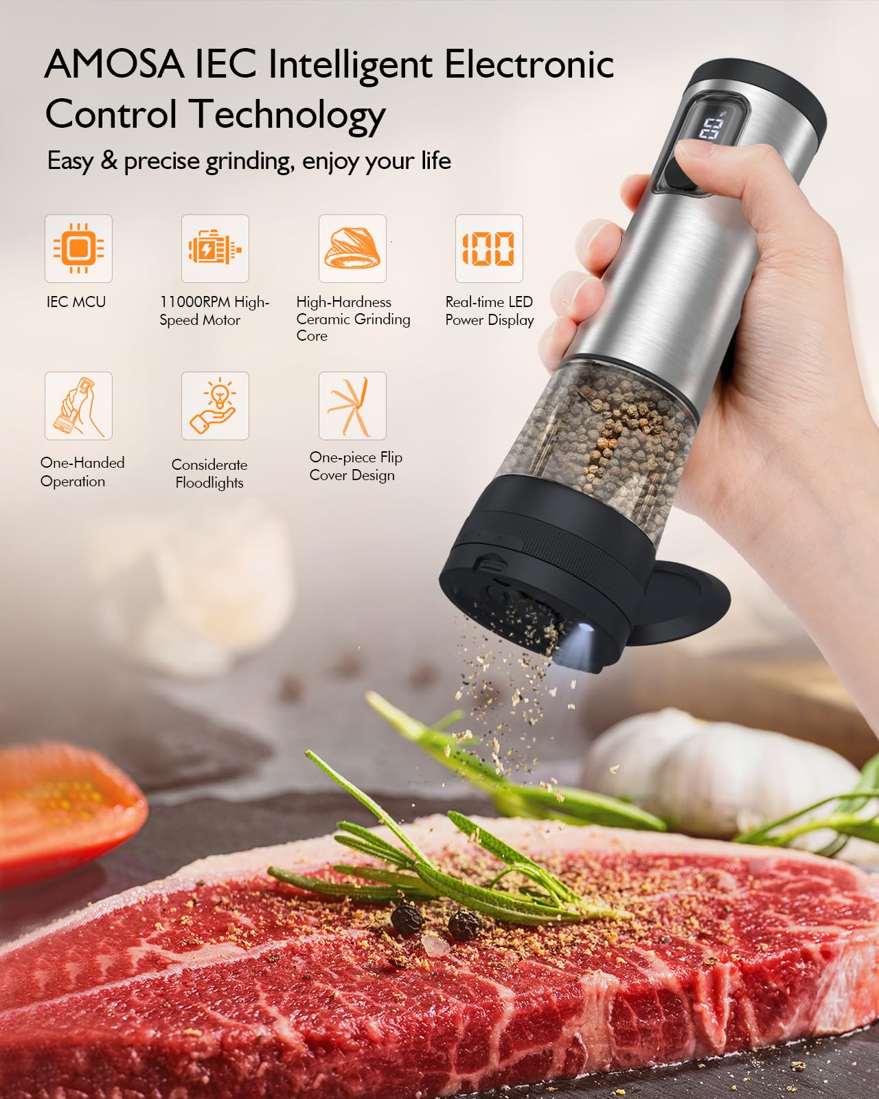 Molinillo AMOSA con dos velocidades para cocinar rápido y con control.