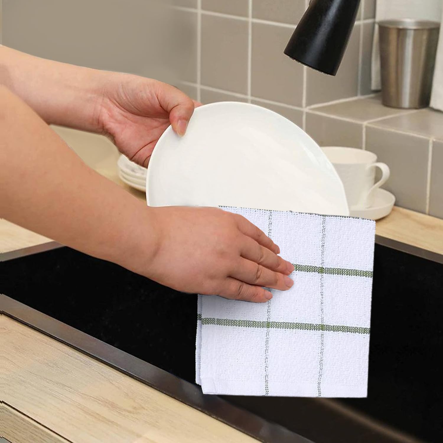 AMOUR INFINI paños de cocina terry cuadros verde, absorbentes y suaves para derrames.