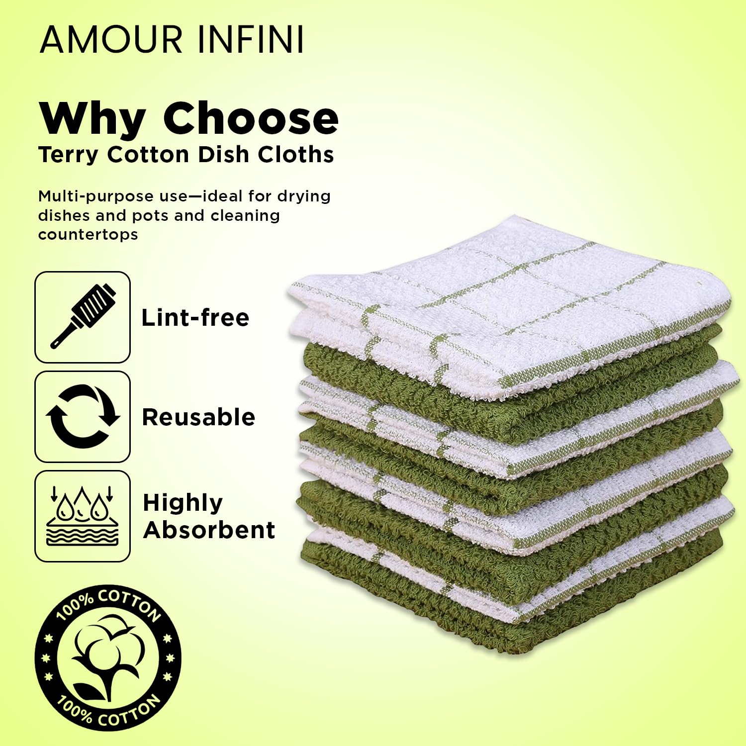 AMOUR INFINI paños de cocina terry marfil sólido, delicados con vajilla y superficies.