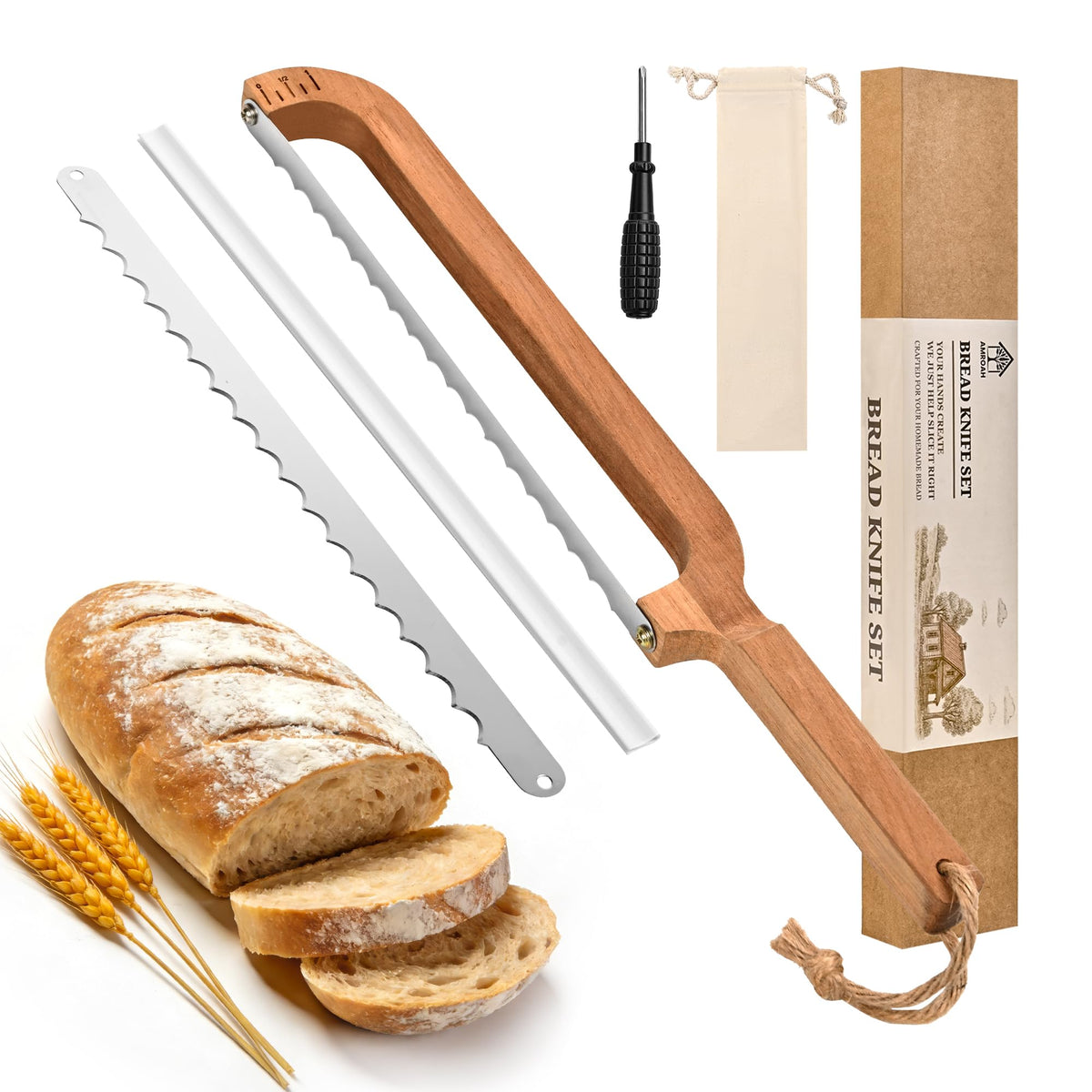 AMROAH cuchillo de pan curvo con escala de medición para rebanadas precisas.