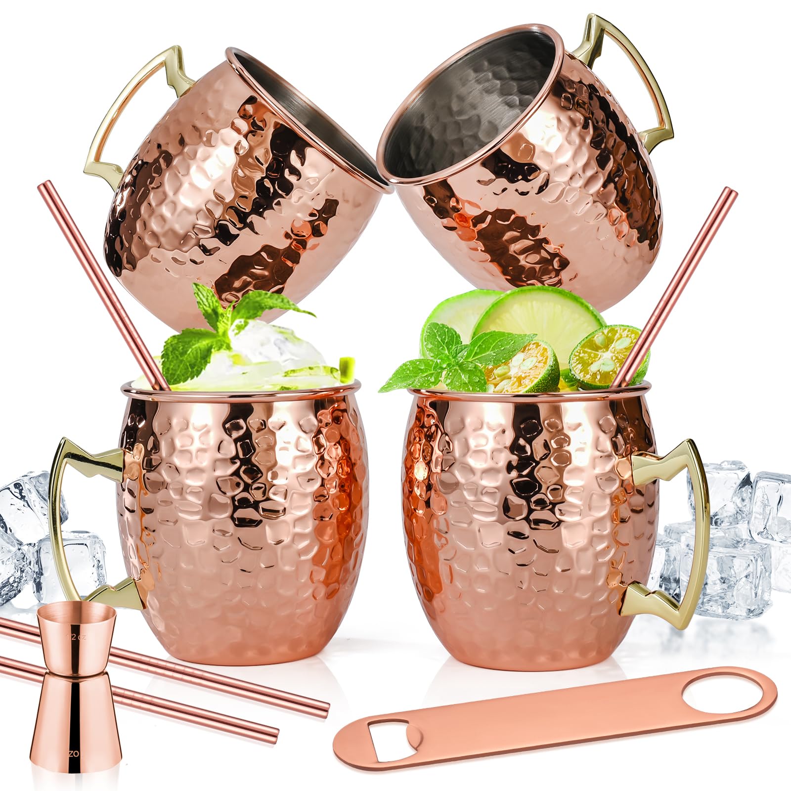 Vasos Amrules Moscow Mule con cobre martillado y interior de acero, listo para cócteles fríos.