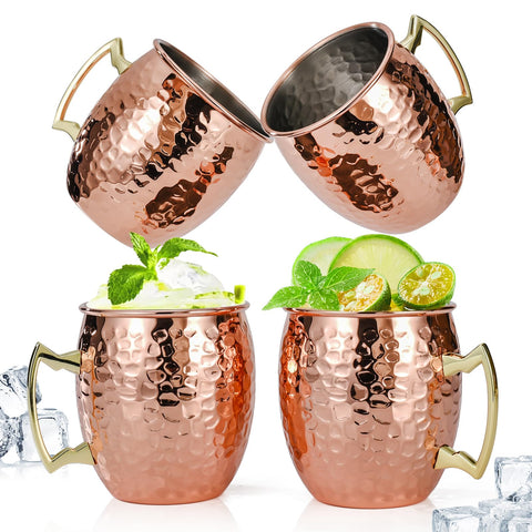 Amrules Moscow Mule: tazas de cobre martillado con interior de acero inoxidable, ideales para cócteles fríos.