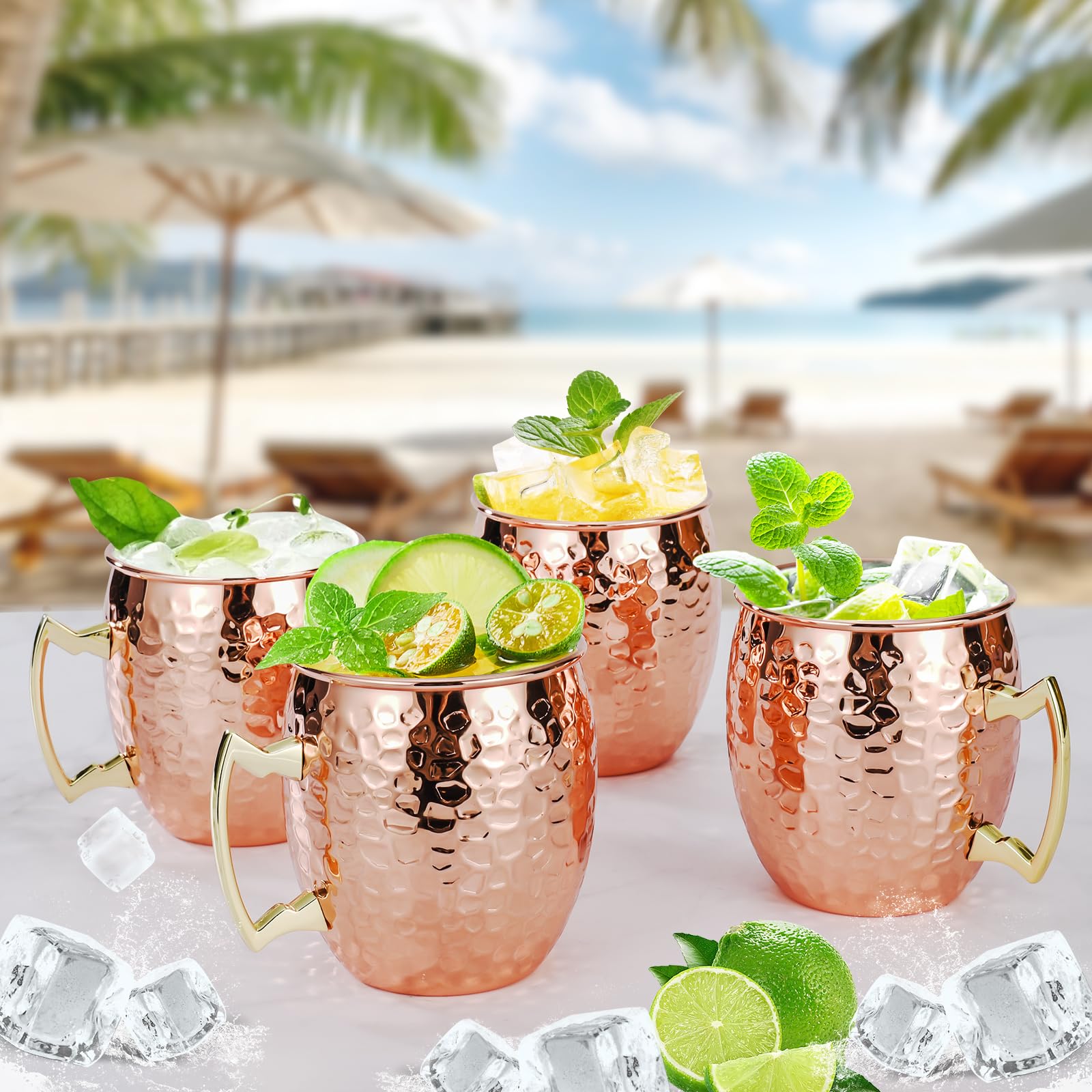 Amrules Moscow Mule: tazas de cobre con mango dorado, diseño ergonómico para verter con precisión.