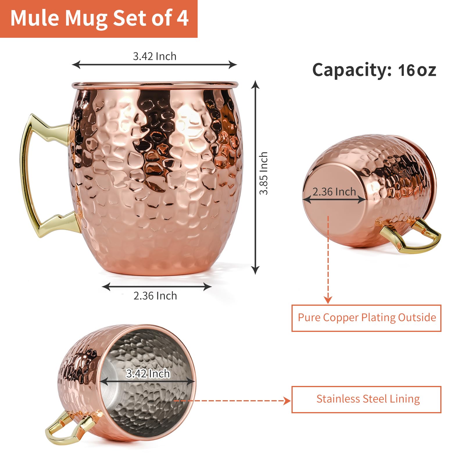Amrules Moscow Mule: tazas de cobre de gran capacidad para bebidas frías y refrescantes.