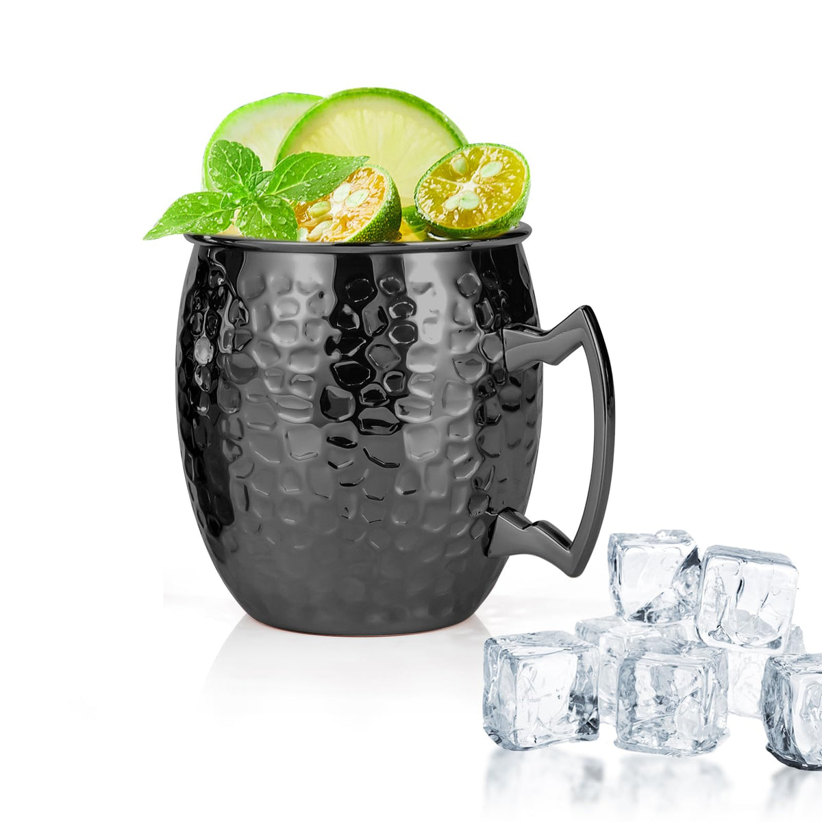 Amrules Moscow Mule 16 oz con acabado negro martillado y asa de latón, ideal para cócteles fríos.