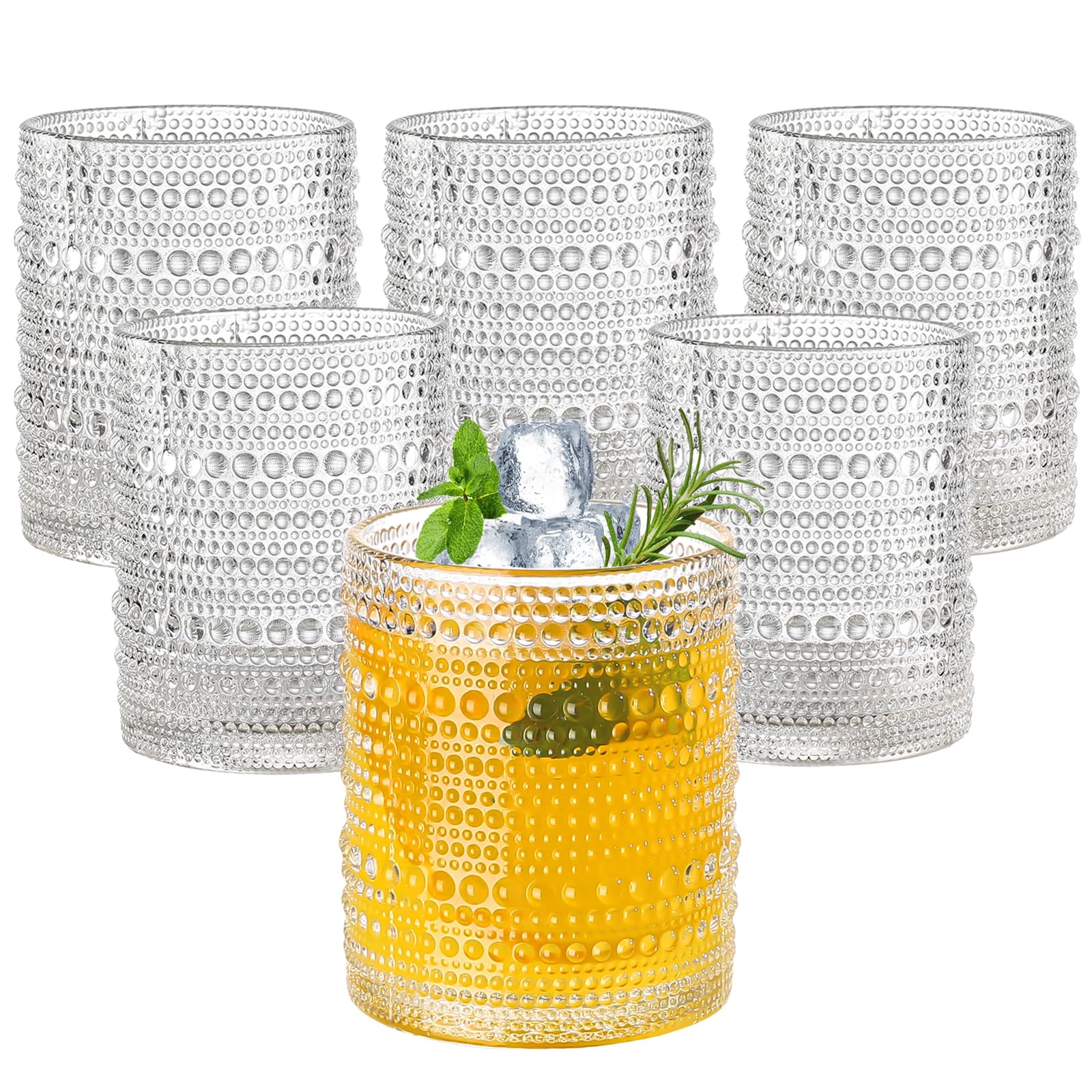 Vaso Amyoole con relieve perlado de 12oz en primer plano para beber con estilo en casa.